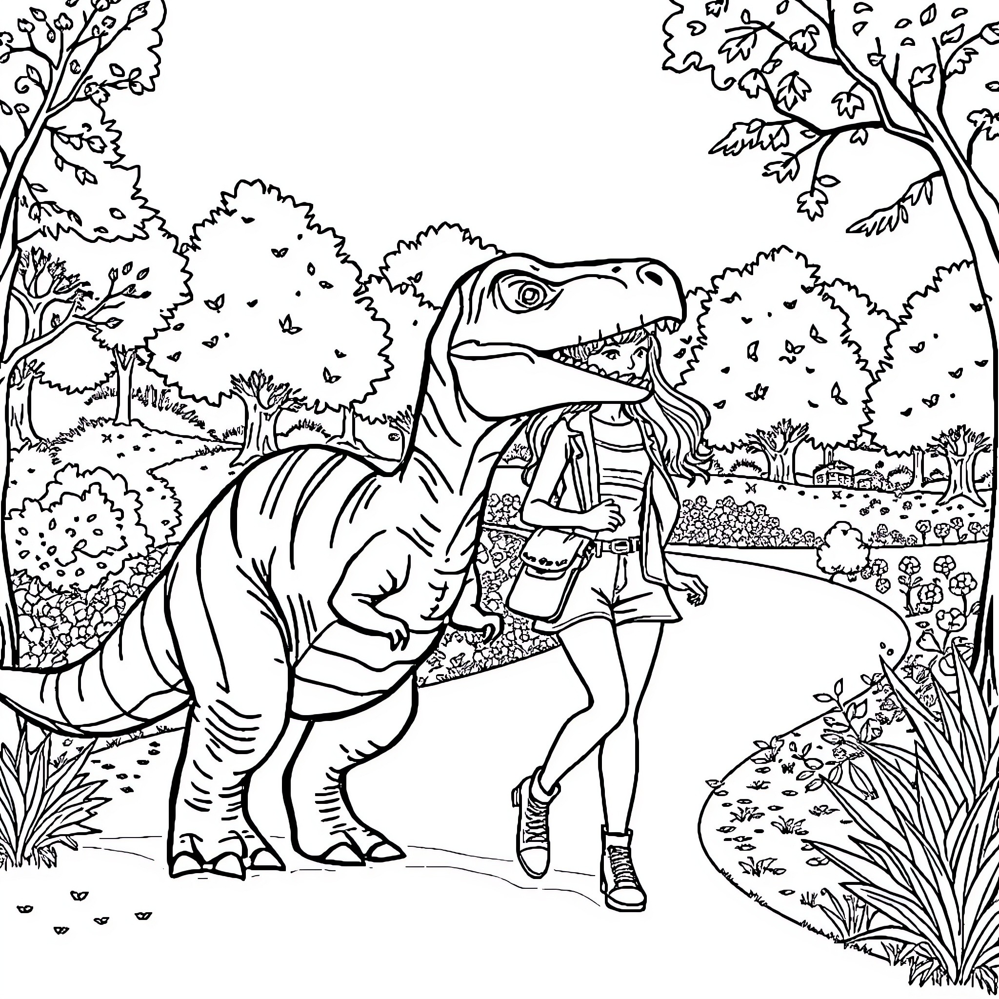 Woman interacting with a dinosaur in the woods Coloring Page (free black-and-white line drawing printable PDF for all, from beginners to advanced learners, including children, teens, adults, and seniors)