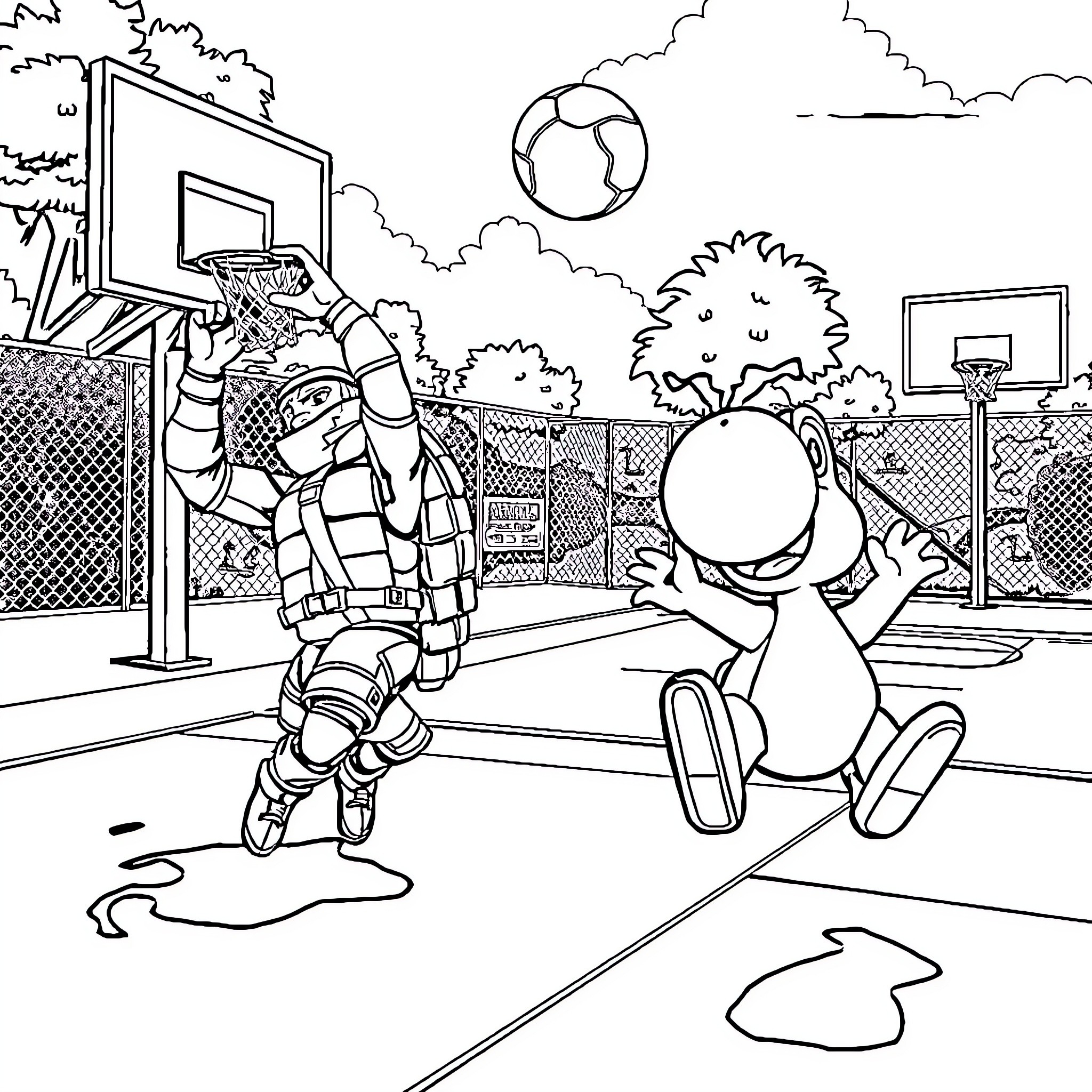 Solid Snake Engaging in Intense Basketball Game Coloring Page (free black-and-white line drawing printable PDF for all, from beginners to advanced learners, including children, teens, adults, and seniors)