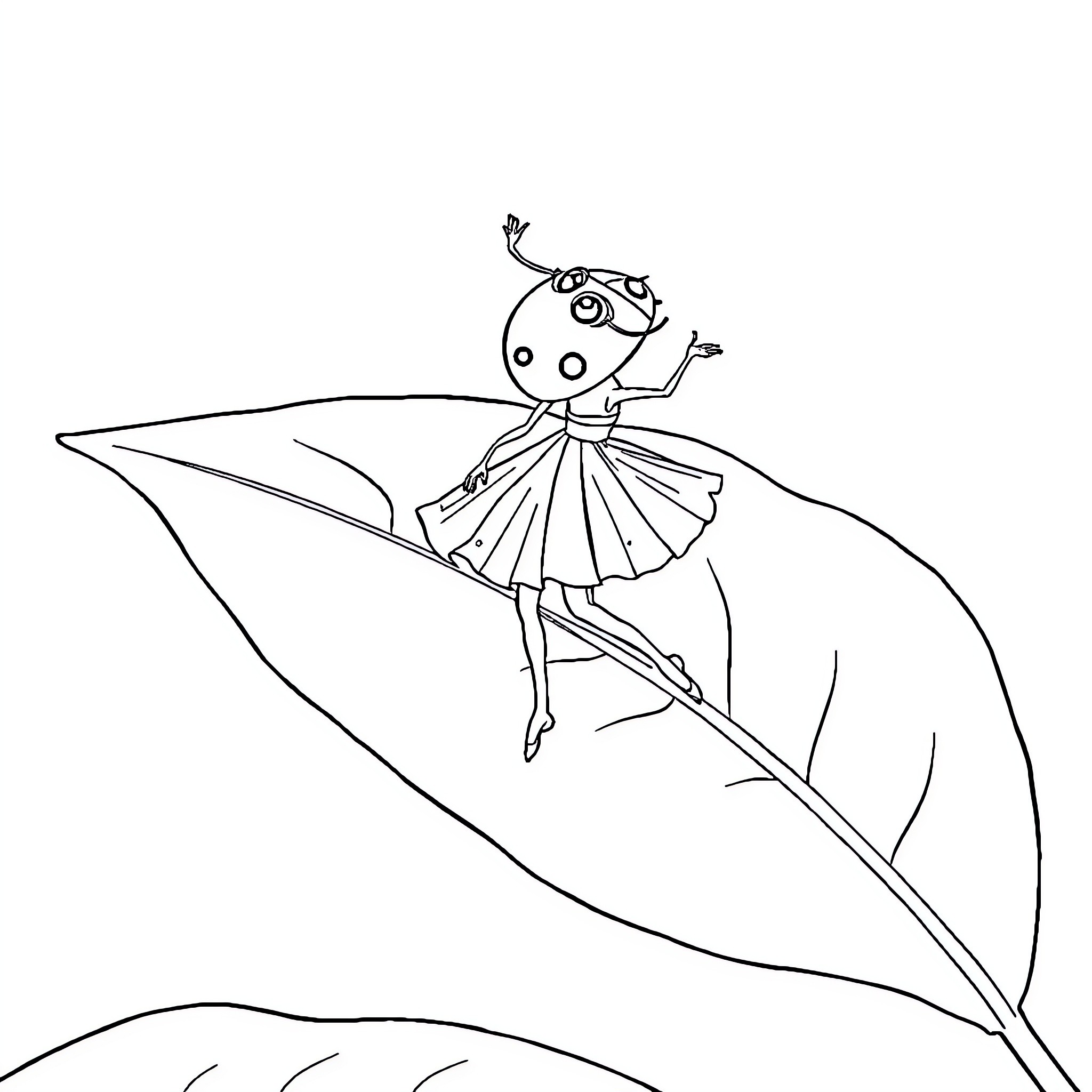 Ladybug dancing on a leaf Coloring Page (free black-and-white line drawing printable PDF for all, from beginners to advanced learners, including children, teens, adults, and seniors)