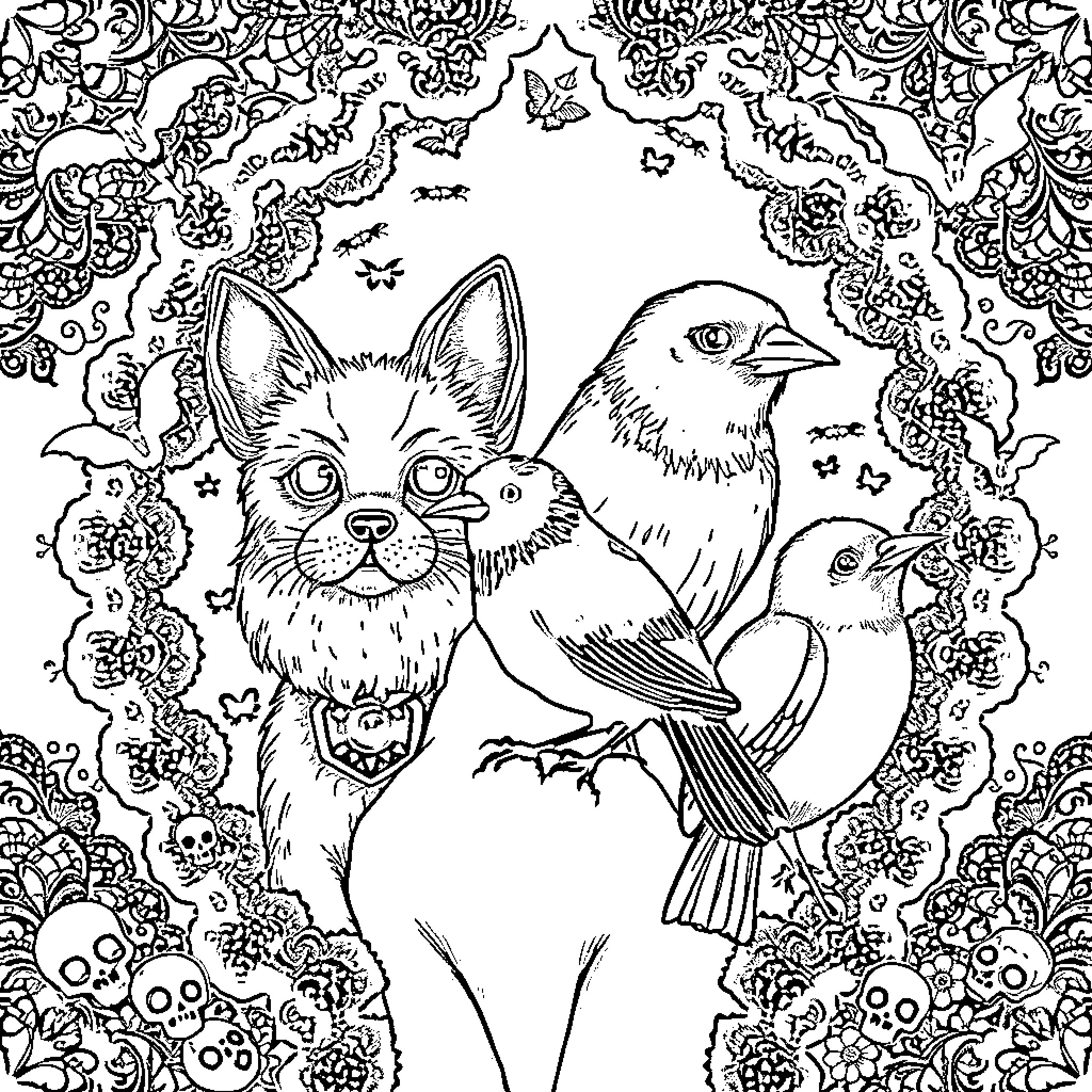 Pet animals in natural floral setting Coloring Page (free black-and-white line drawing printable PDF for all, from beginners to advanced learners, including children, teens, adults, and seniors)
