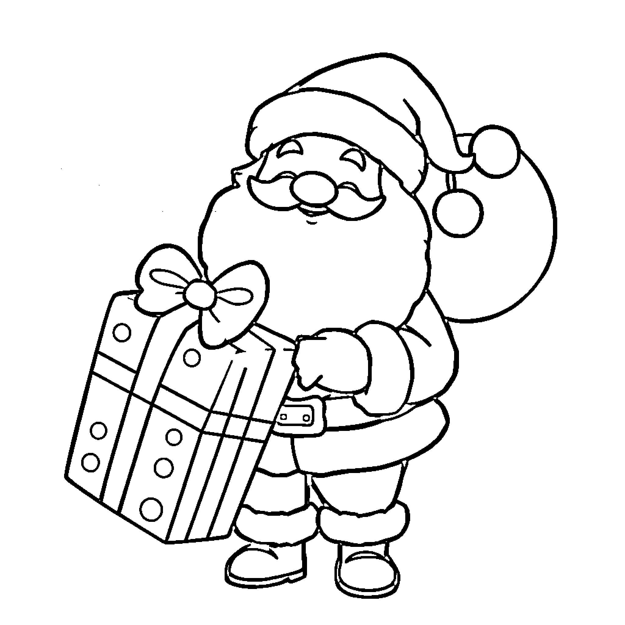 Santa holding a present with a bow Coloring Page (free black-and-white line drawing printable PDF for all, from beginners to advanced learners, including children, teens, adults, and seniors)