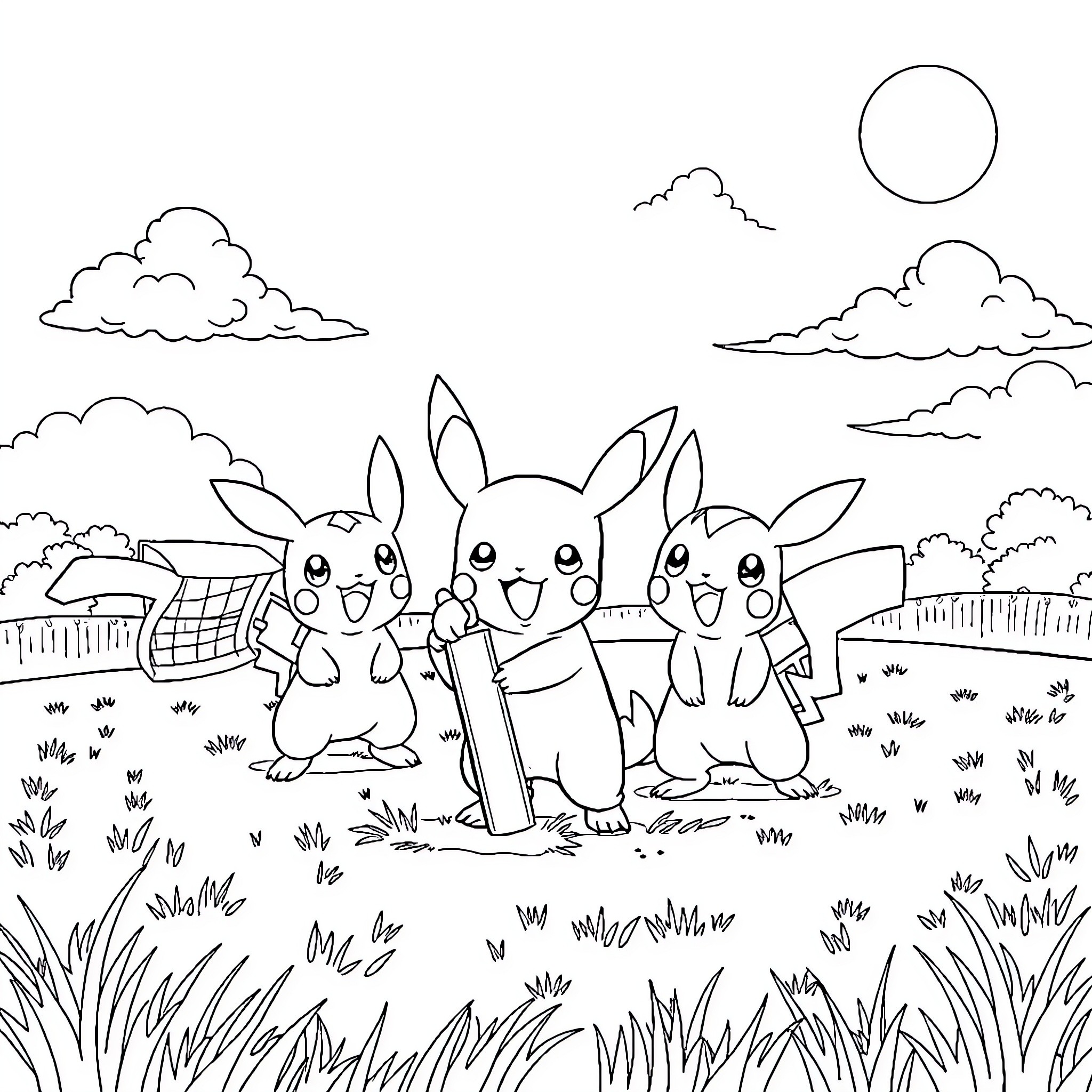 Pokémon Bunny Characters Playing in Outdoor Landscape Coloring Page (free black-and-white line drawing printable PDF for all, from beginners to advanced learners, including children, teens, adults, and seniors)