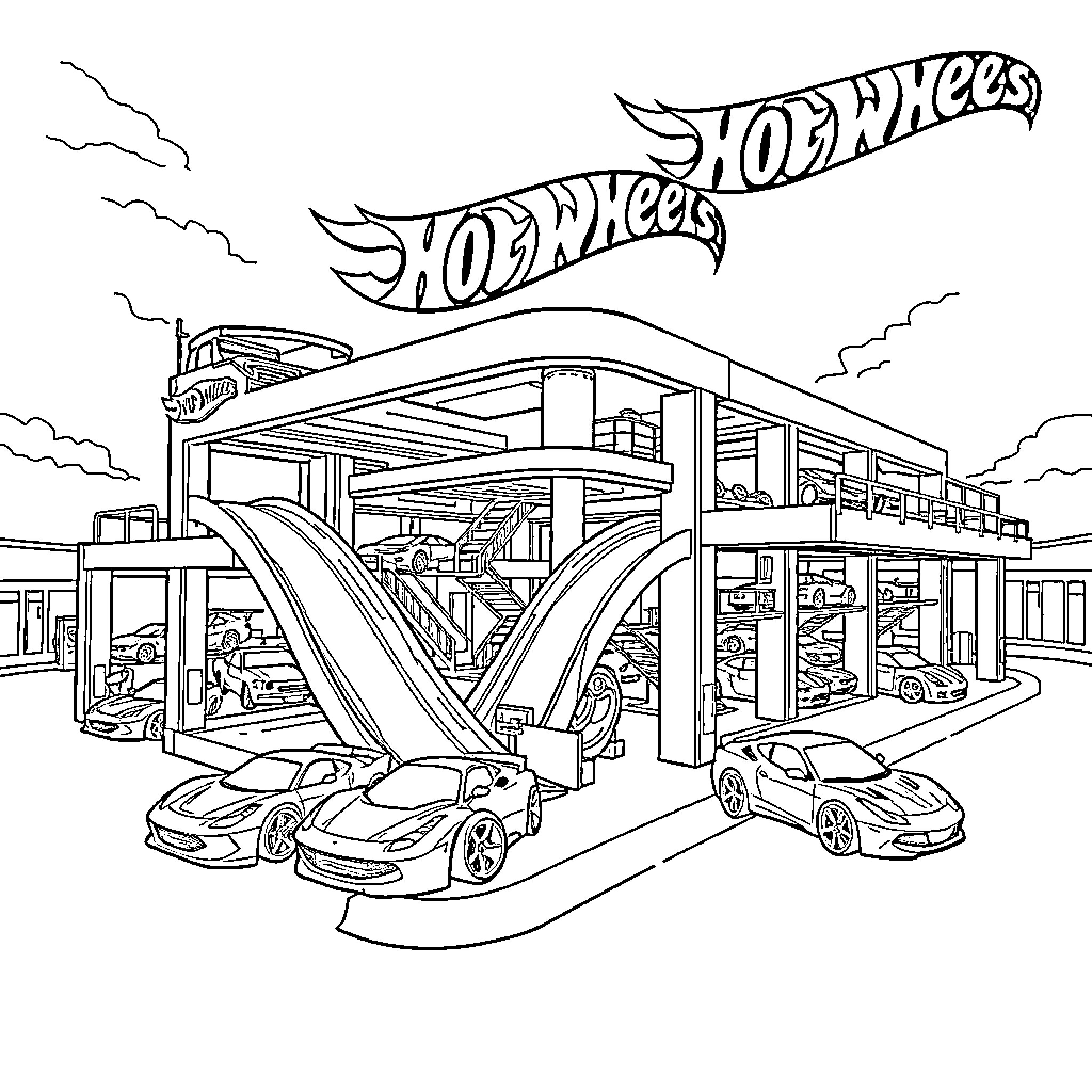 Garage with Hot Wheels cars and showroom Coloring Page (free black-and-white line drawing printable PDF for all, from beginners to advanced learners, including children, teens, adults, and seniors)