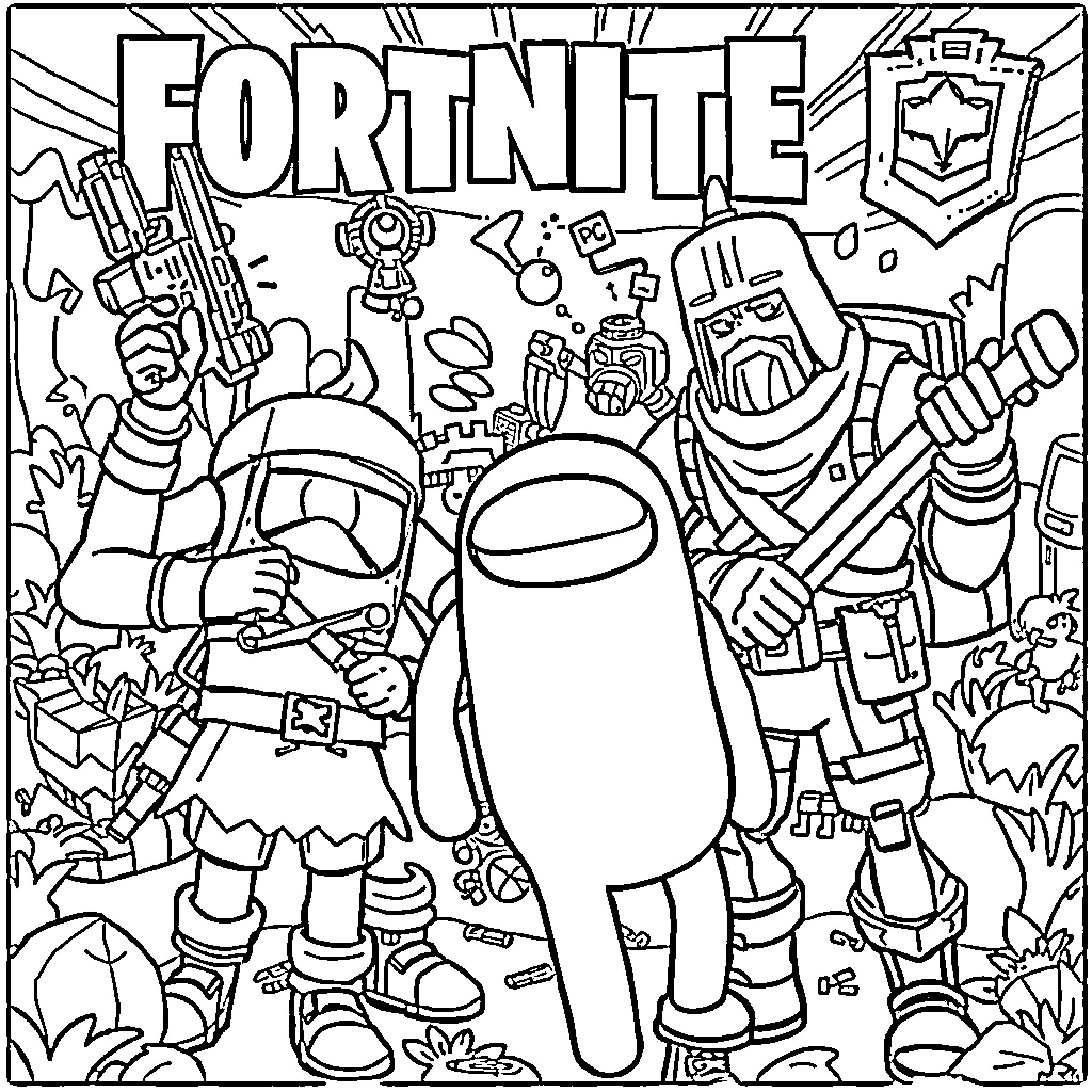 Fortnite Characters in Action-Packed Scene Coloring Page (free black-and-white line drawing printable PDF for all, from beginners to advanced learners, including children, teens, adults, and seniors)