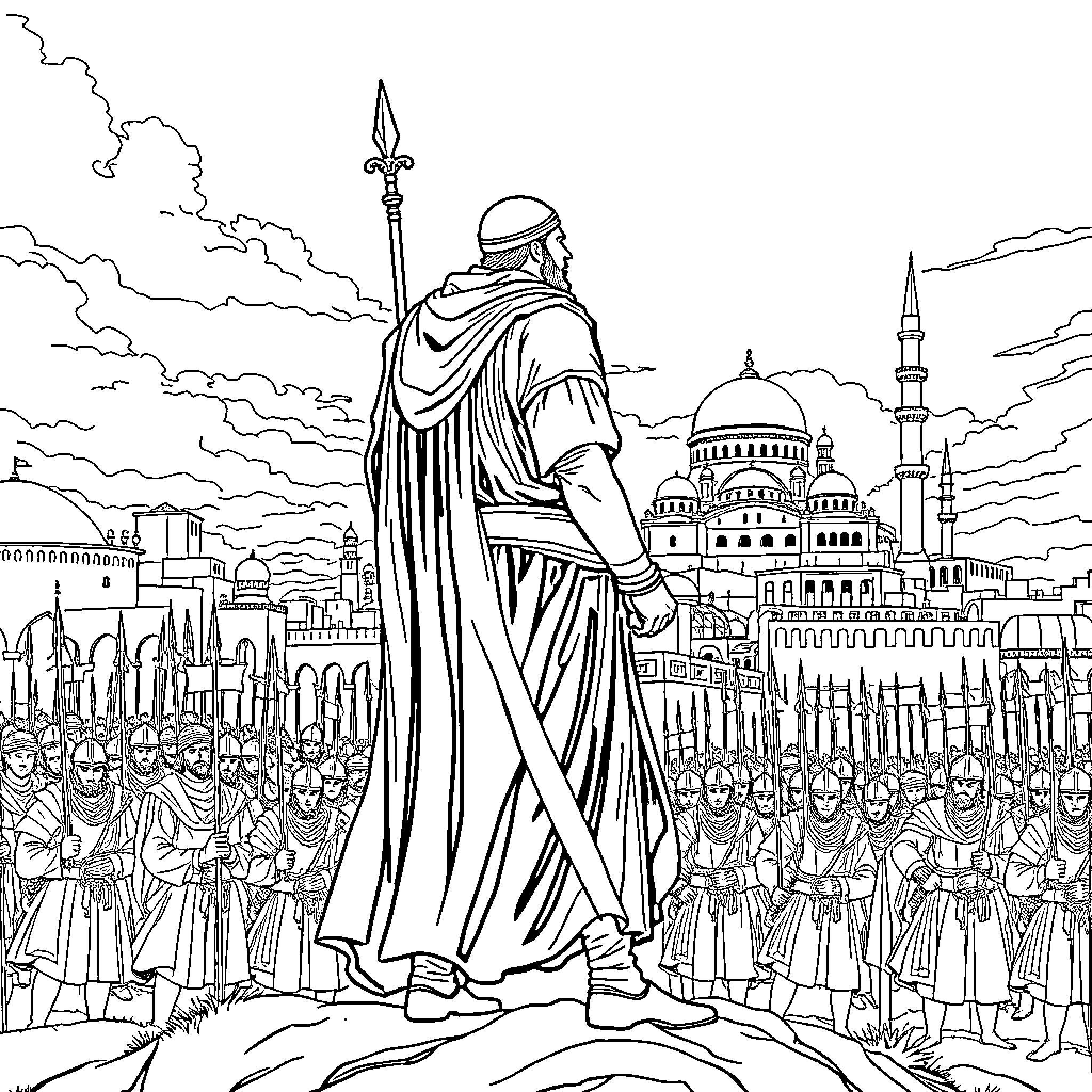 Hero Leading Soldiers in Epic Historical Scene Coloring Page (free black-and-white line drawing printable PDF for all, from beginners to advanced learners, including children, teens, adults, and seniors)