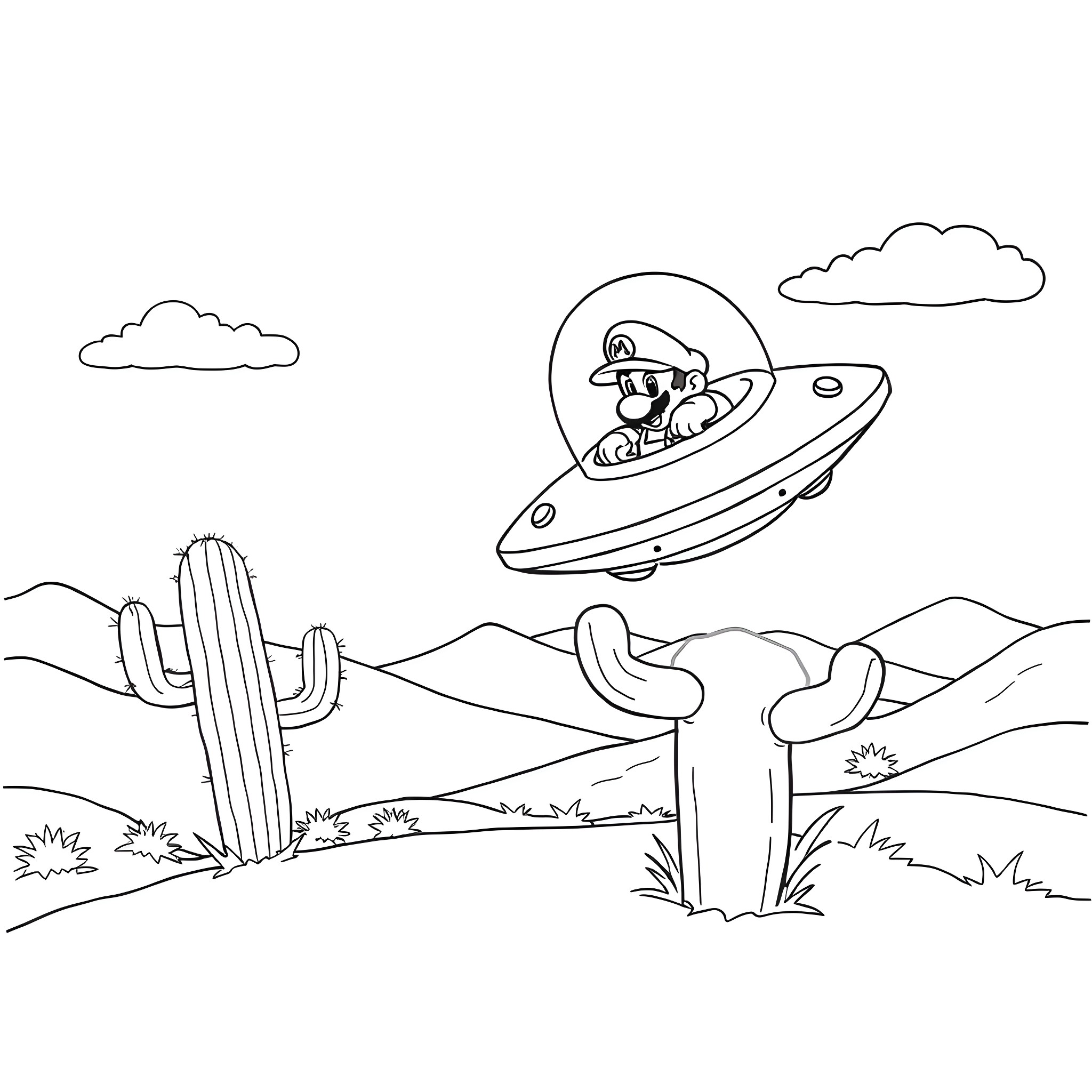 Mario exploring the desert in a flying saucer Coloring Page (free black-and-white line drawing printable PDF for all, from beginners to advanced learners, including children, teens, adults, and seniors)