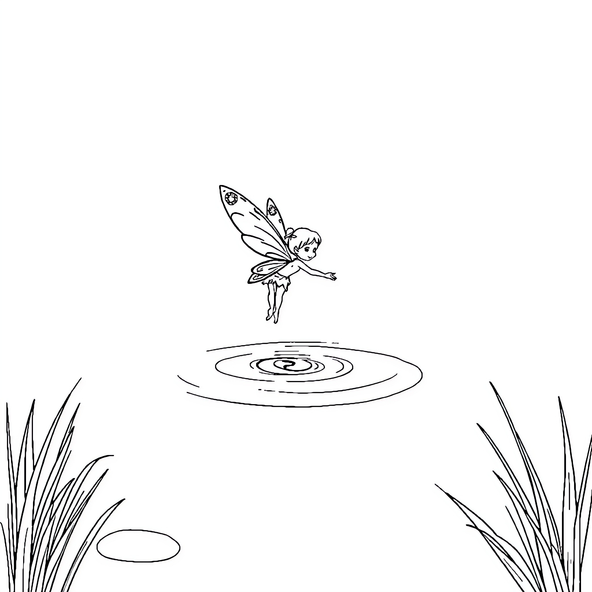 Fairy floating over magical pond Coloring Page (free black-and-white line drawing printable PDF for all, from beginners to advanced learners, including children, teens, adults, and seniors)