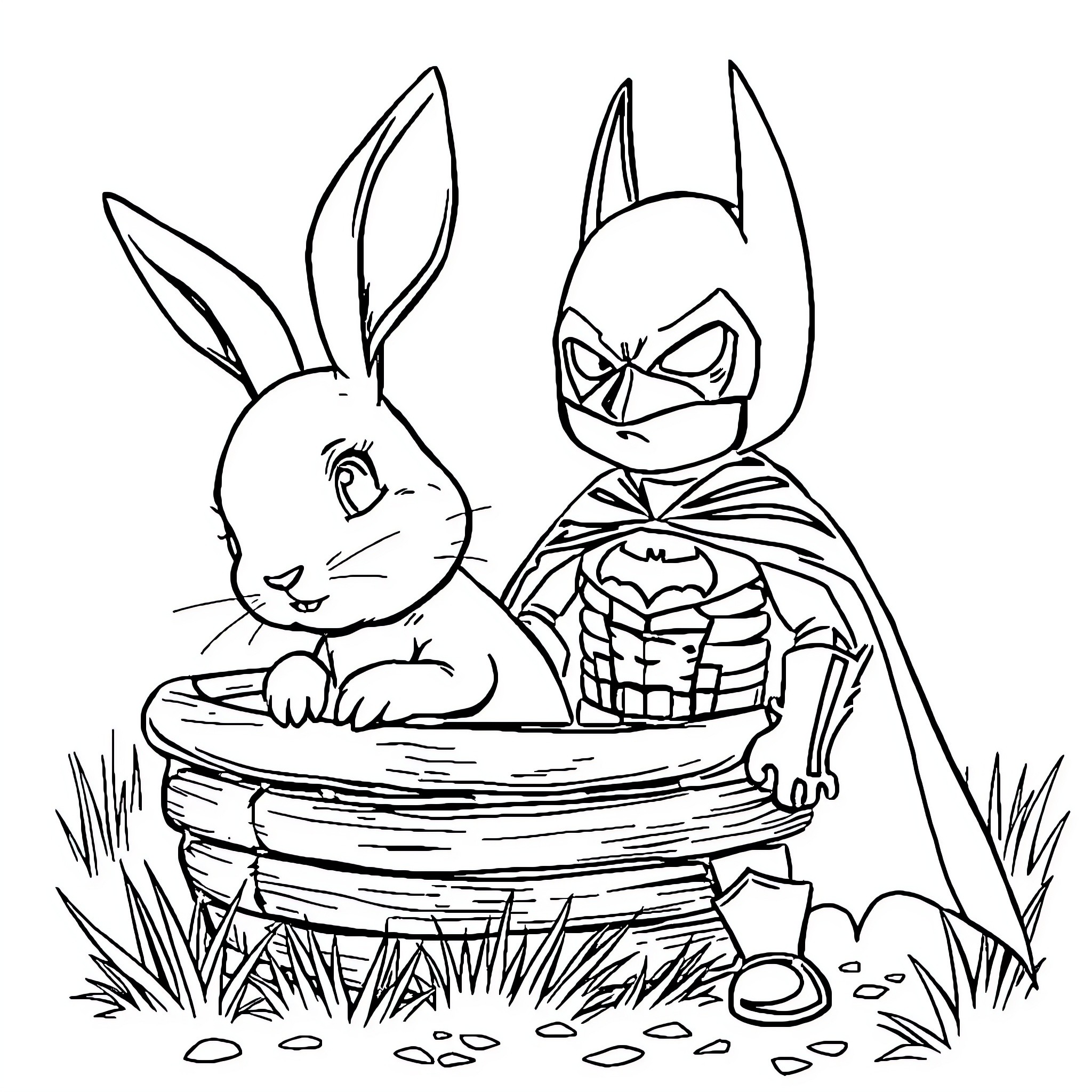 Rabbit and Superhero in Playful Encounter Coloring Page (free black-and-white line drawing printable PDF for all, from beginners to advanced learners, including children, teens, adults, and seniors)