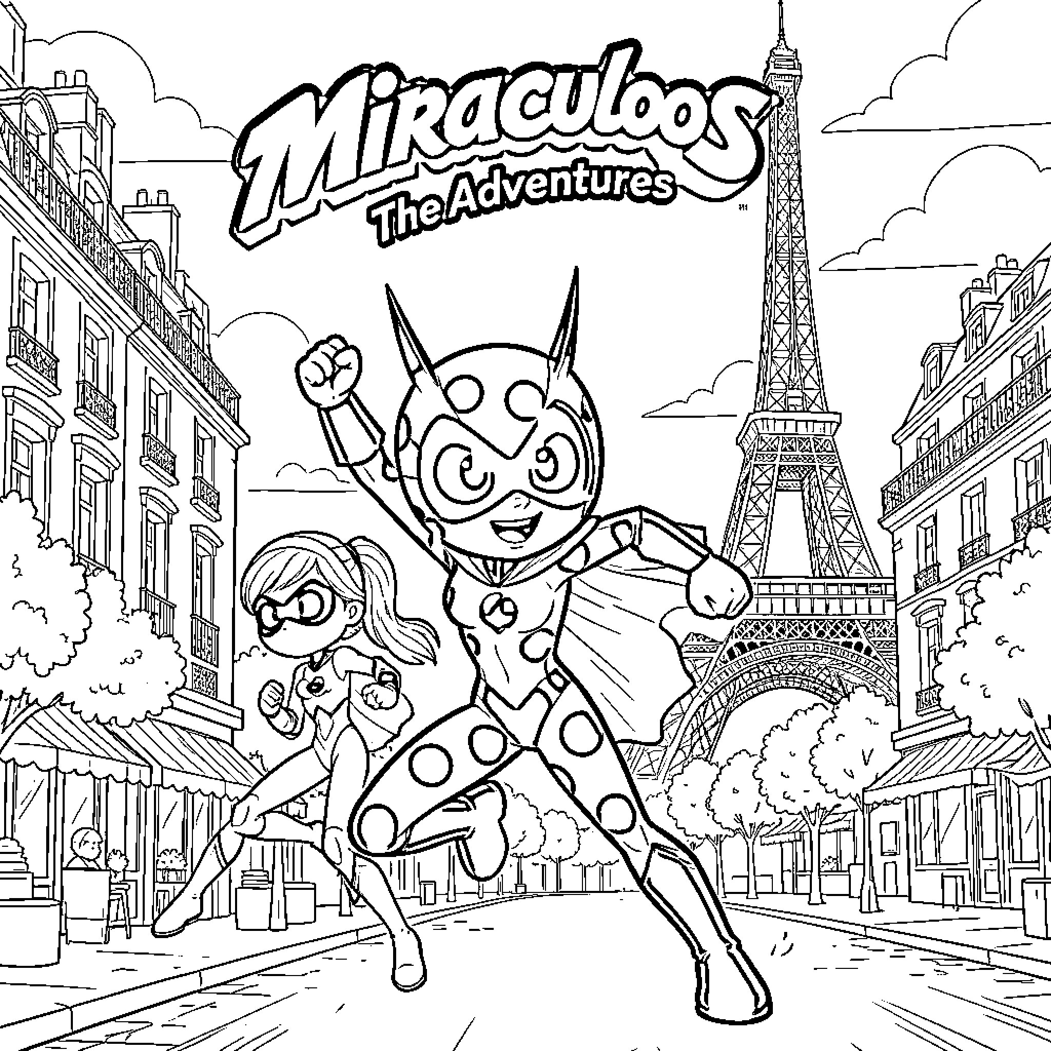 Ladybug superheroes exploring Parisian streets Coloring Page (free black-and-white line drawing printable PDF for all, from beginners to advanced learners, including children, teens, adults, and seniors)