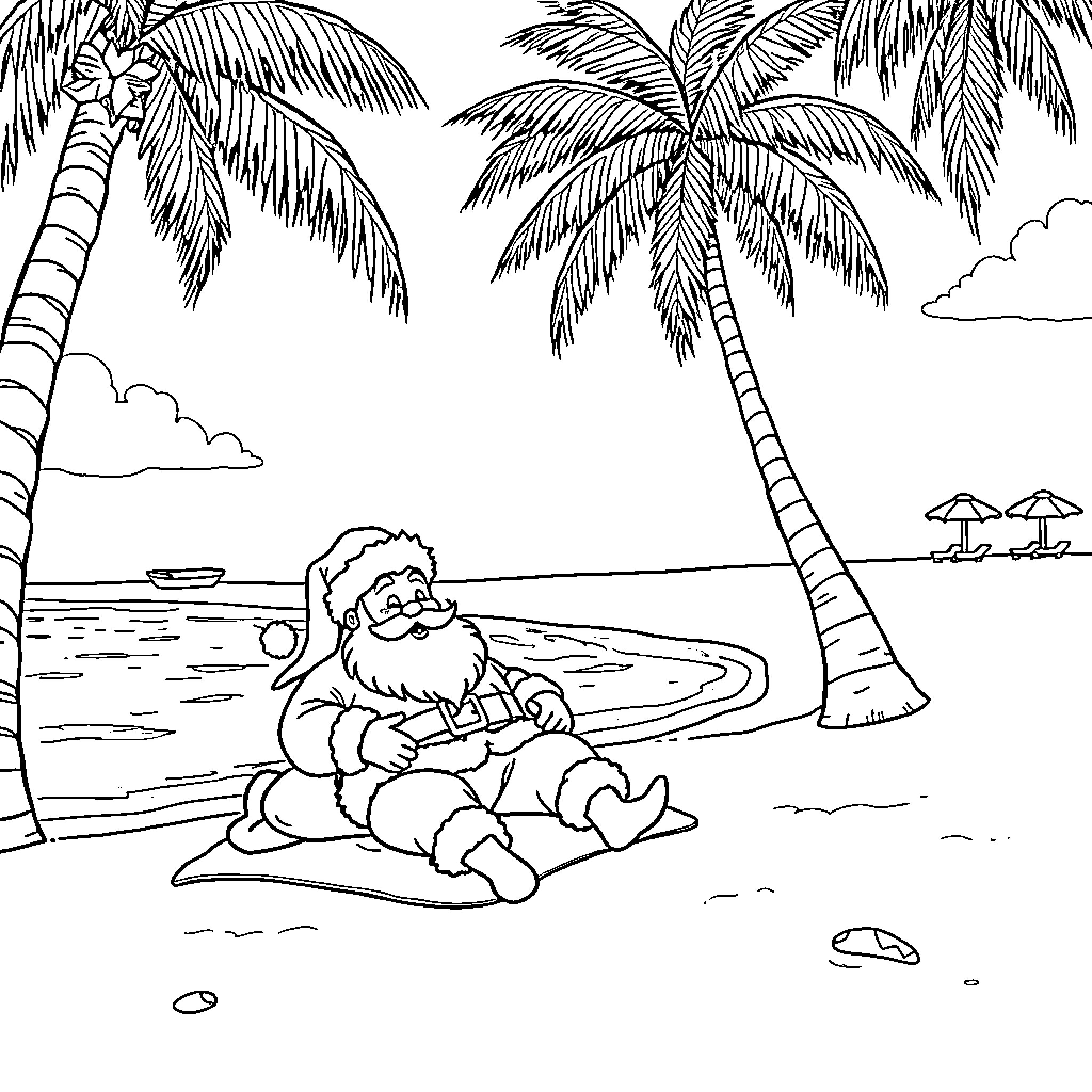 Santa relaxing on the beach under palm trees Coloring Page (free black-and-white line drawing printable PDF for all, from beginners to advanced learners, including children, teens, adults, and seniors)