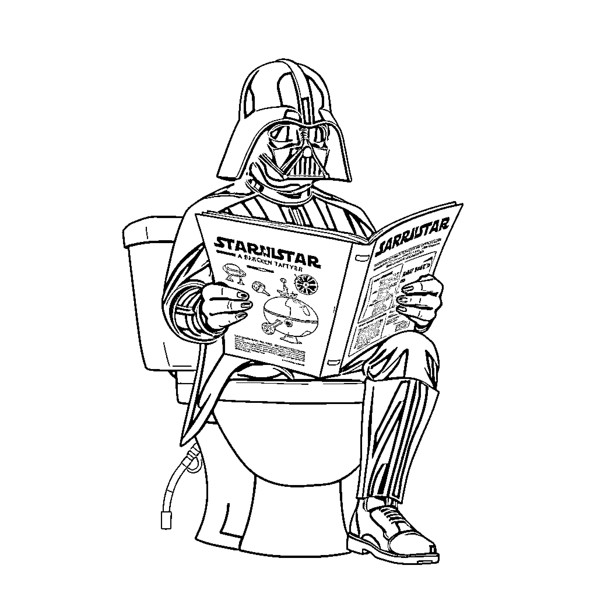 Darth Vader reading a Star Wars magazine on the toilet Coloring Page (free black-and-white line drawing printable PDF for all, from beginners to advanced learners, including children, teens, adults, and seniors)
