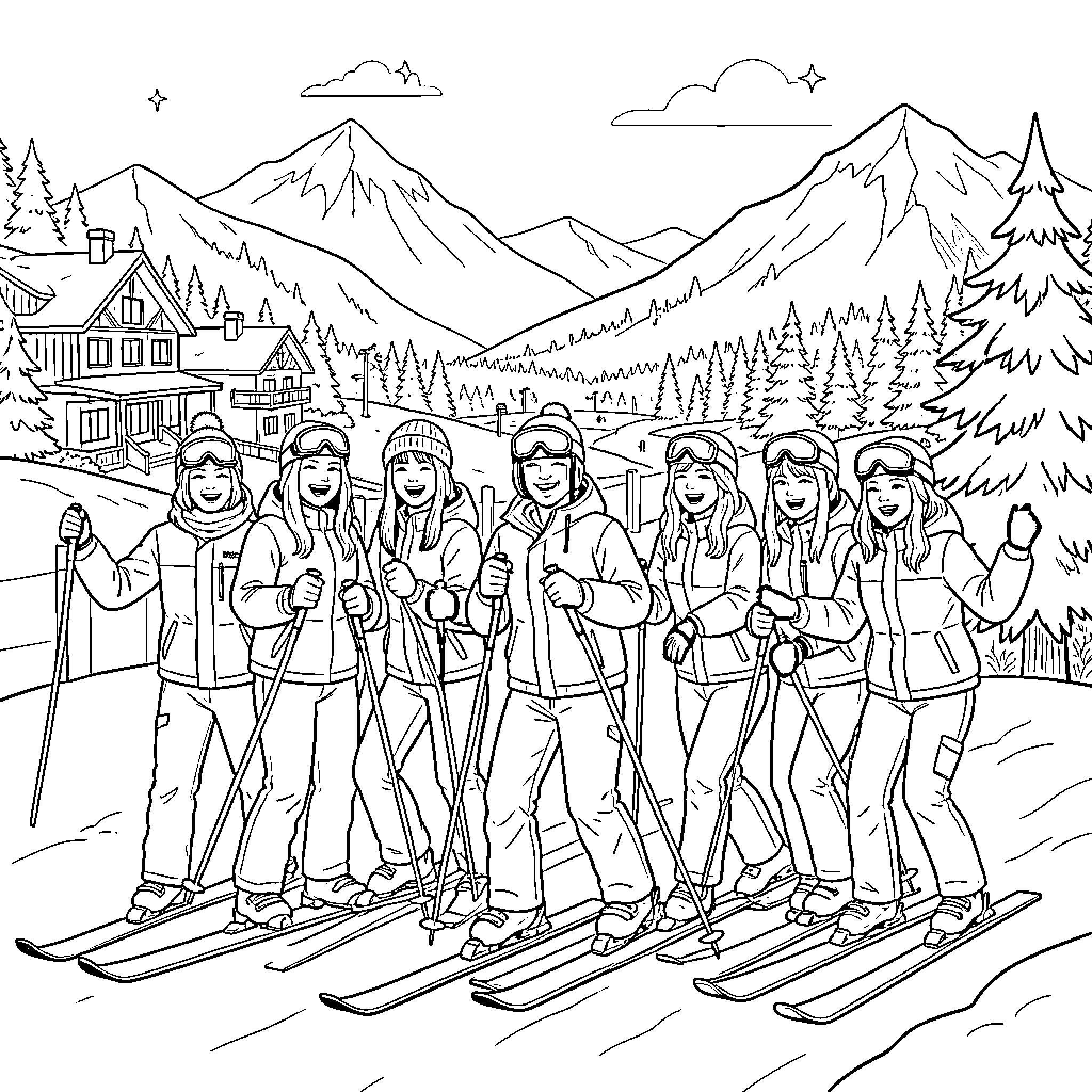 Kpop idols posing in winter ski outfits Coloring Page (free black-and-white line drawing printable PDF for all, from beginners to advanced learners, including children, teens, adults, and seniors)