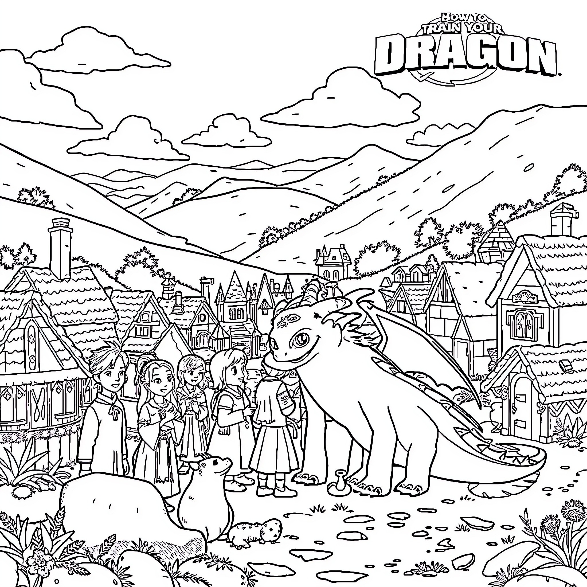 Dragon and Villagers in Scenic Landscape Coloring Page (free black-and-white line drawing printable PDF for all, from beginners to advanced learners, including children, teens, adults, and seniors)