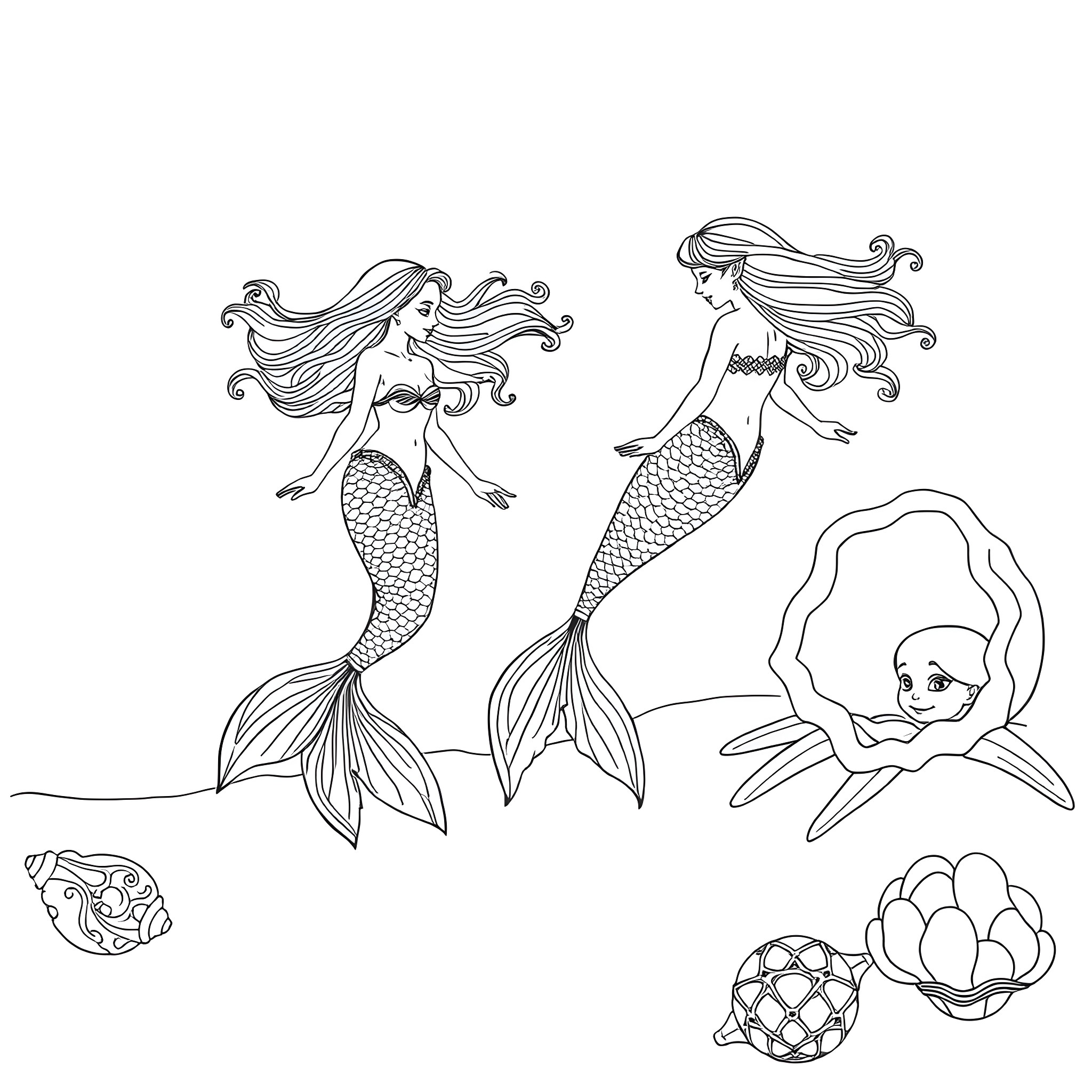 Mermaid Mythical Creatures Swim Gracefully Coloring Page (free black-and-white line drawing printable PDF for all, from beginners to advanced learners, including children, teens, adults, and seniors)