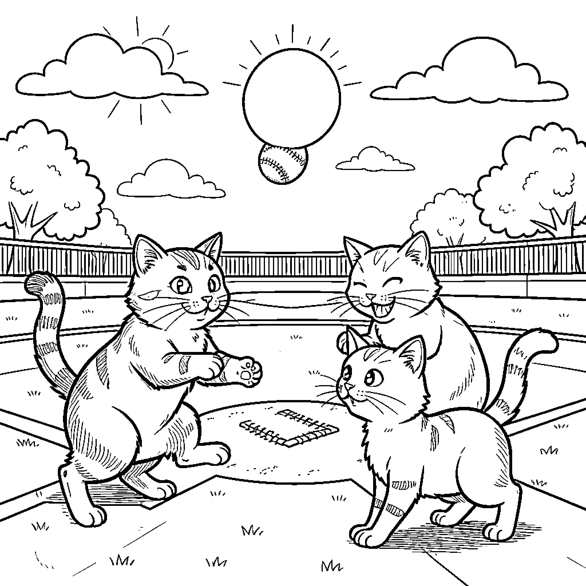 Cats Playing in the Backyard Coloring Page (free black-and-white line drawing printable PDF for all, from beginners to advanced learners, including children, teens, adults, and seniors)