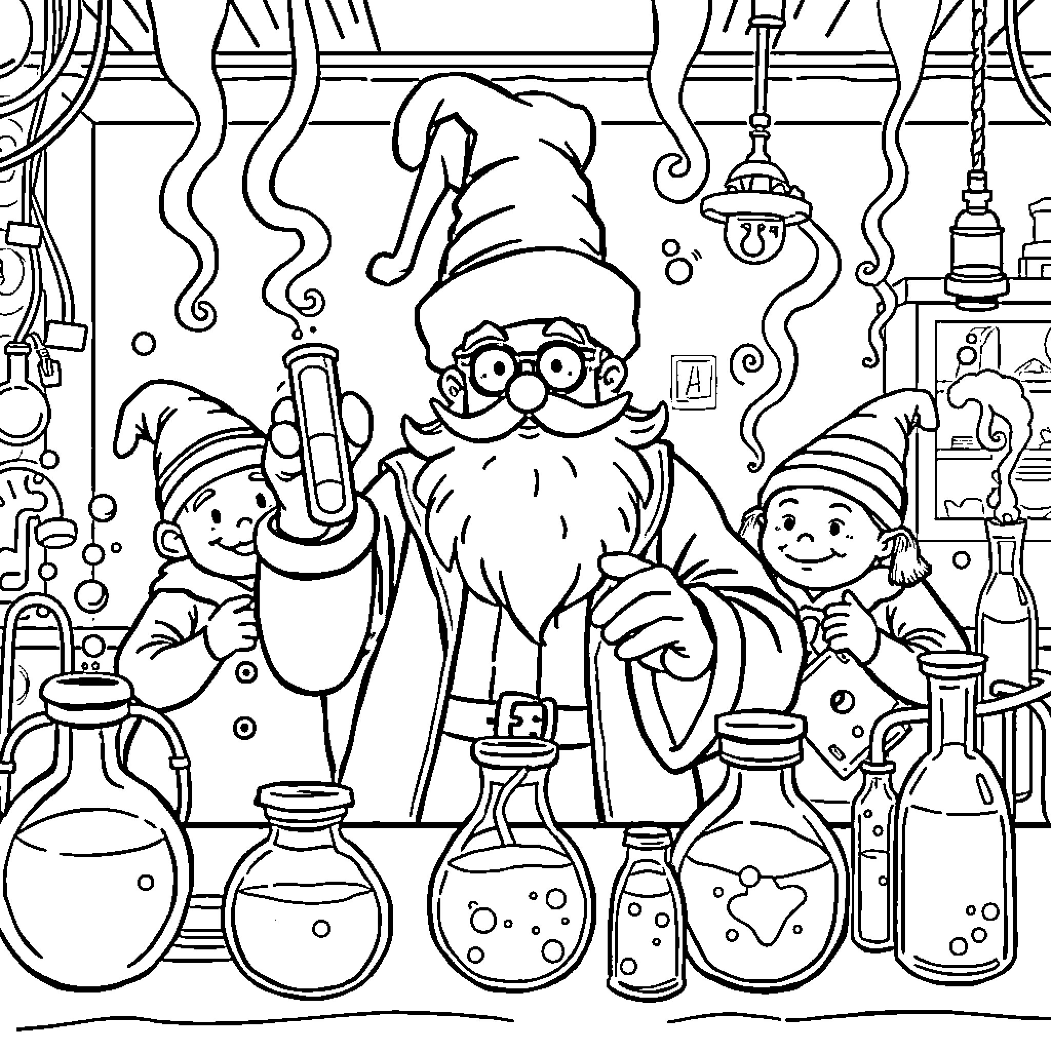 Sinterklaas and His Elves in the Workshop Coloring Page (free black-and-white line drawing printable PDF for all, from beginners to advanced learners, including children, teens, adults, and seniors)