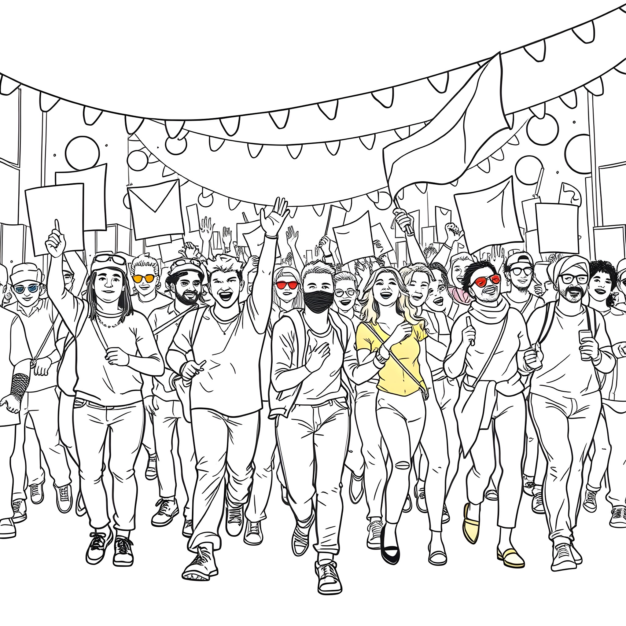 Pride Celebration with Diverse Crowd and Festive Decor Coloring Page (free black-and-white line drawing printable PDF for all, from beginners to advanced learners, including children, teens, adults, and seniors)