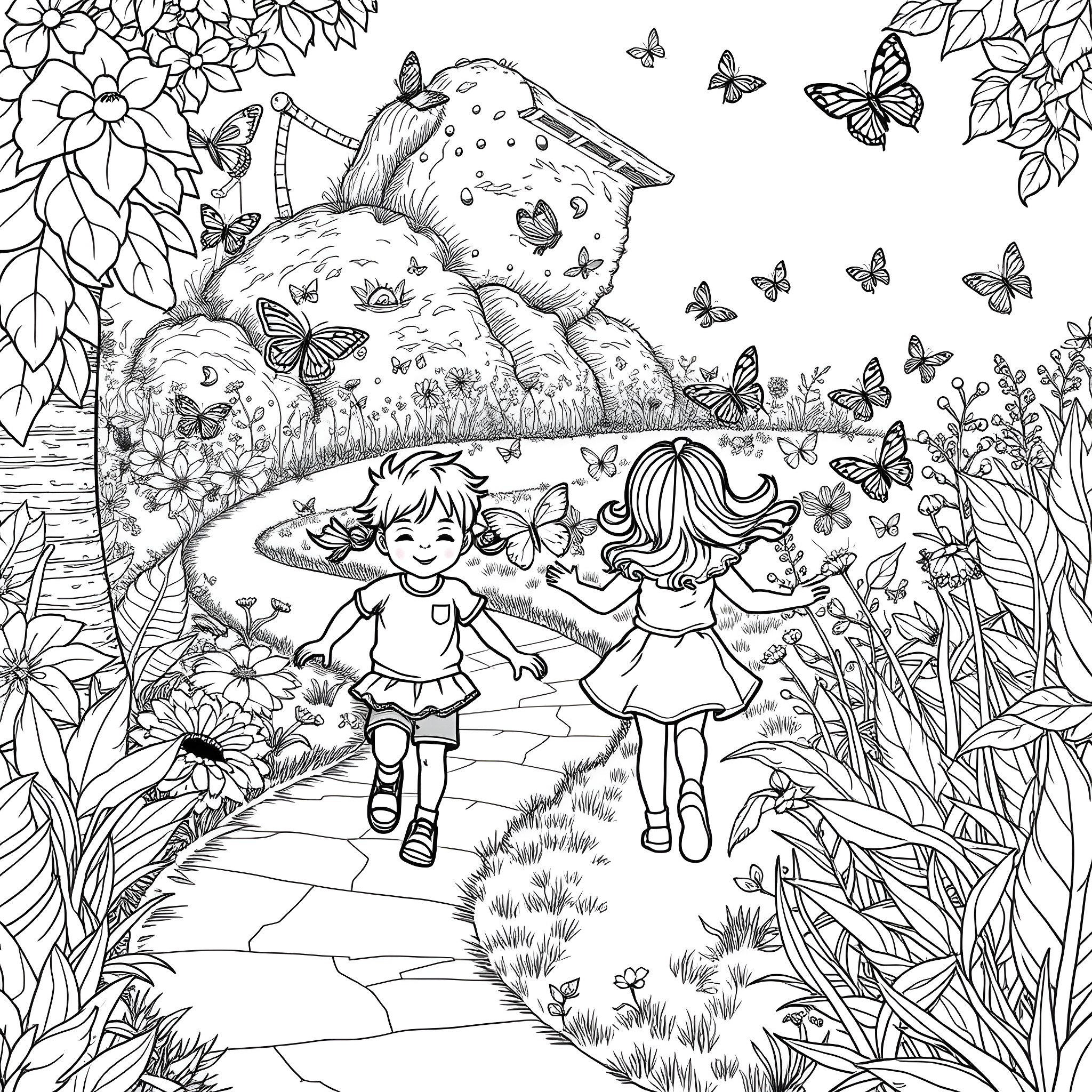 Kid walking through the magical garden Coloring Page (free black-and-white line drawing printable PDF for all, from beginners to advanced learners, including children, teens, adults, and seniors)