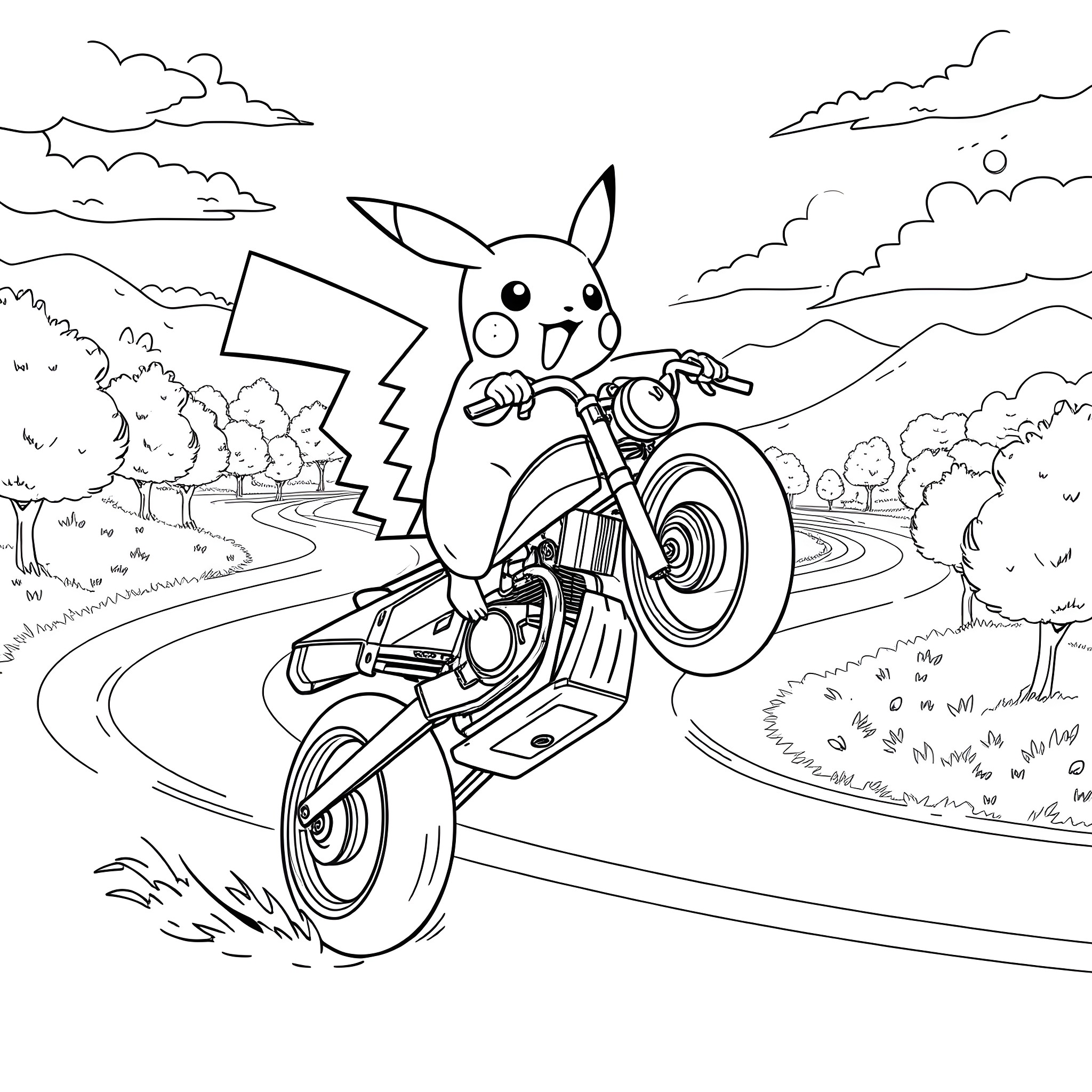 Pikachu riding a motorcycle through a scenic landscape Coloring Page (free black-and-white line drawing printable PDF for all, from beginners to advanced learners, including children, teens, adults, and seniors)