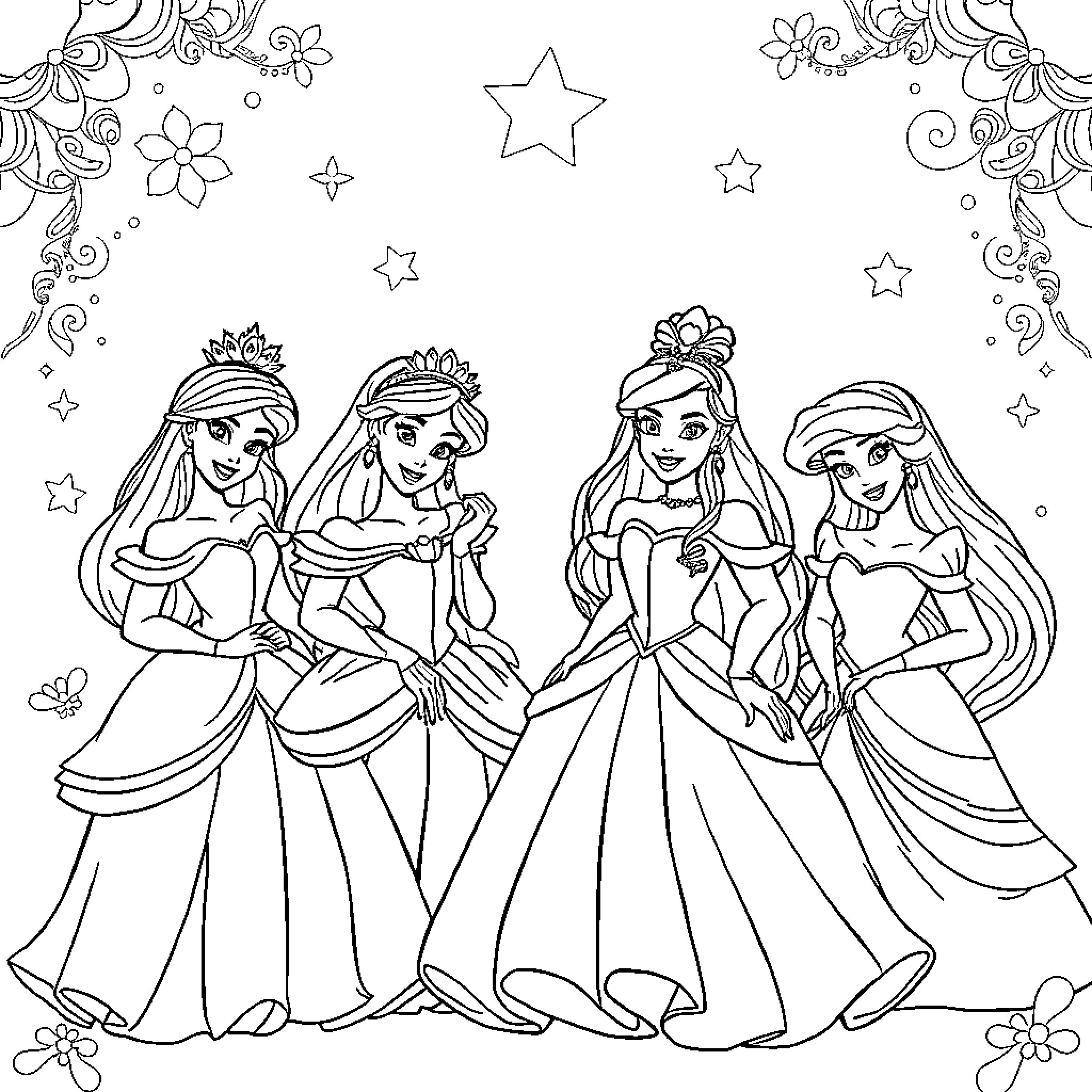 Disney Princesses in Formal Attire and Elegant Poses Coloring Page (free black-and-white line drawing printable PDF for all, from beginners to advanced learners, including children, teens, adults, and seniors)