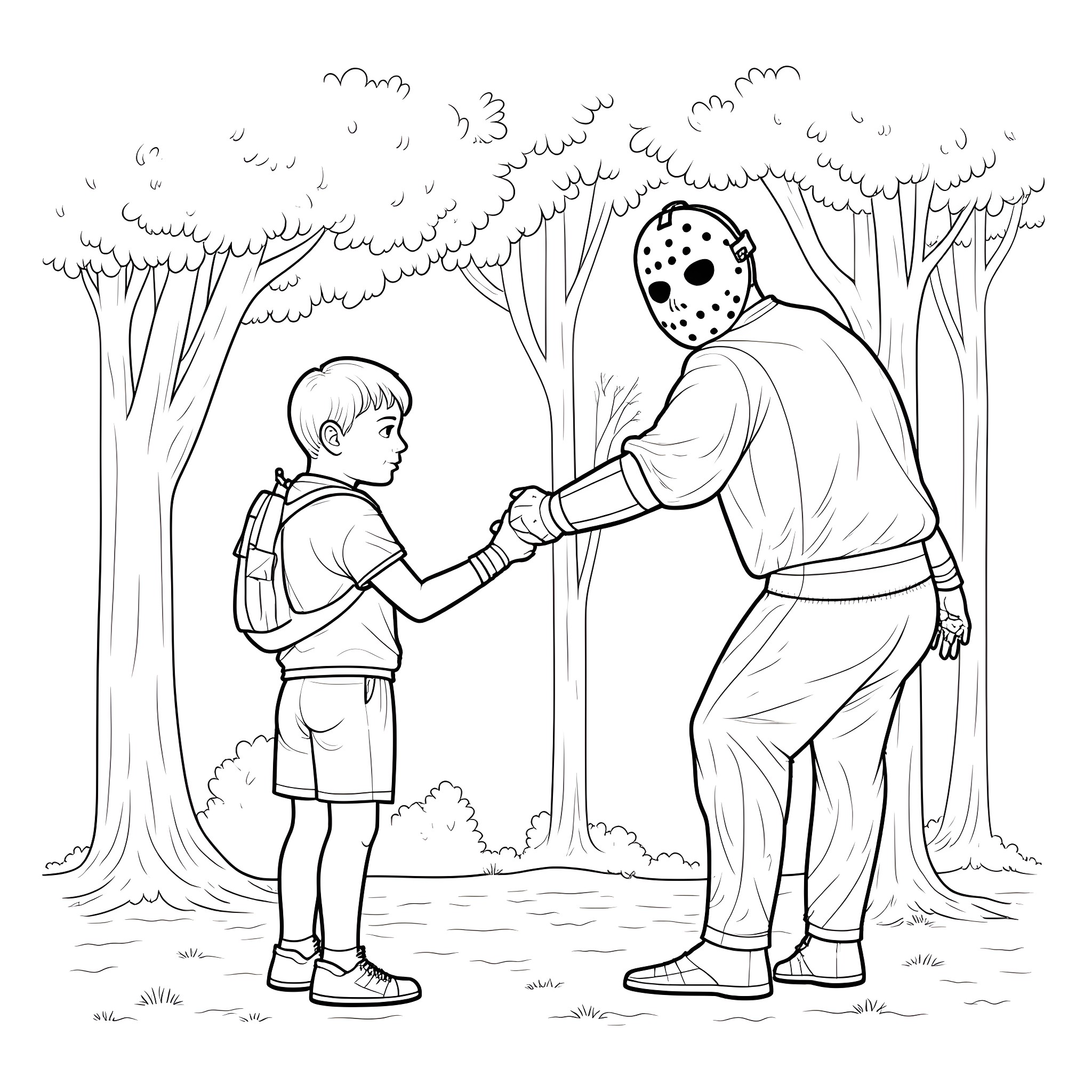 Jason Vorhees Shaking Hands With Young Boy In Forest Coloring Page (free black-and-white line drawing printable PDF for all, from beginners to advanced learners, including children, teens, adults, and seniors)