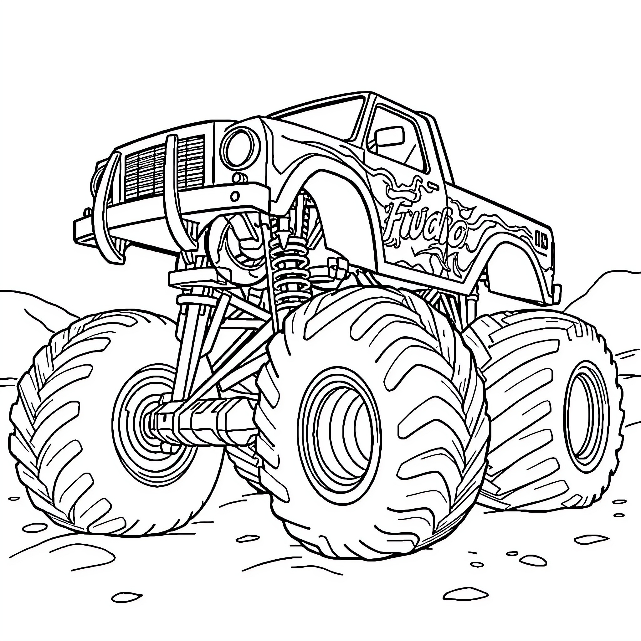 Monster Truck Driving Through Rough Terrain Coloring Page (free black-and-white line drawing printable PDF for all, from beginners to advanced learners, including children, teens, adults, and seniors)