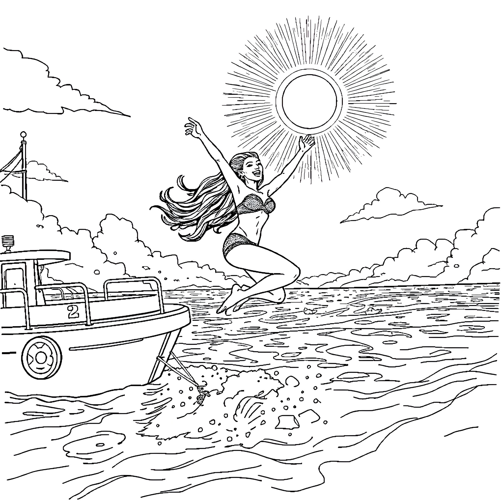 Dua Lipa dancing joyfully on the beach Coloring Page (free black-and-white line drawing printable PDF for all, from beginners to advanced learners, including children, teens, adults, and seniors)