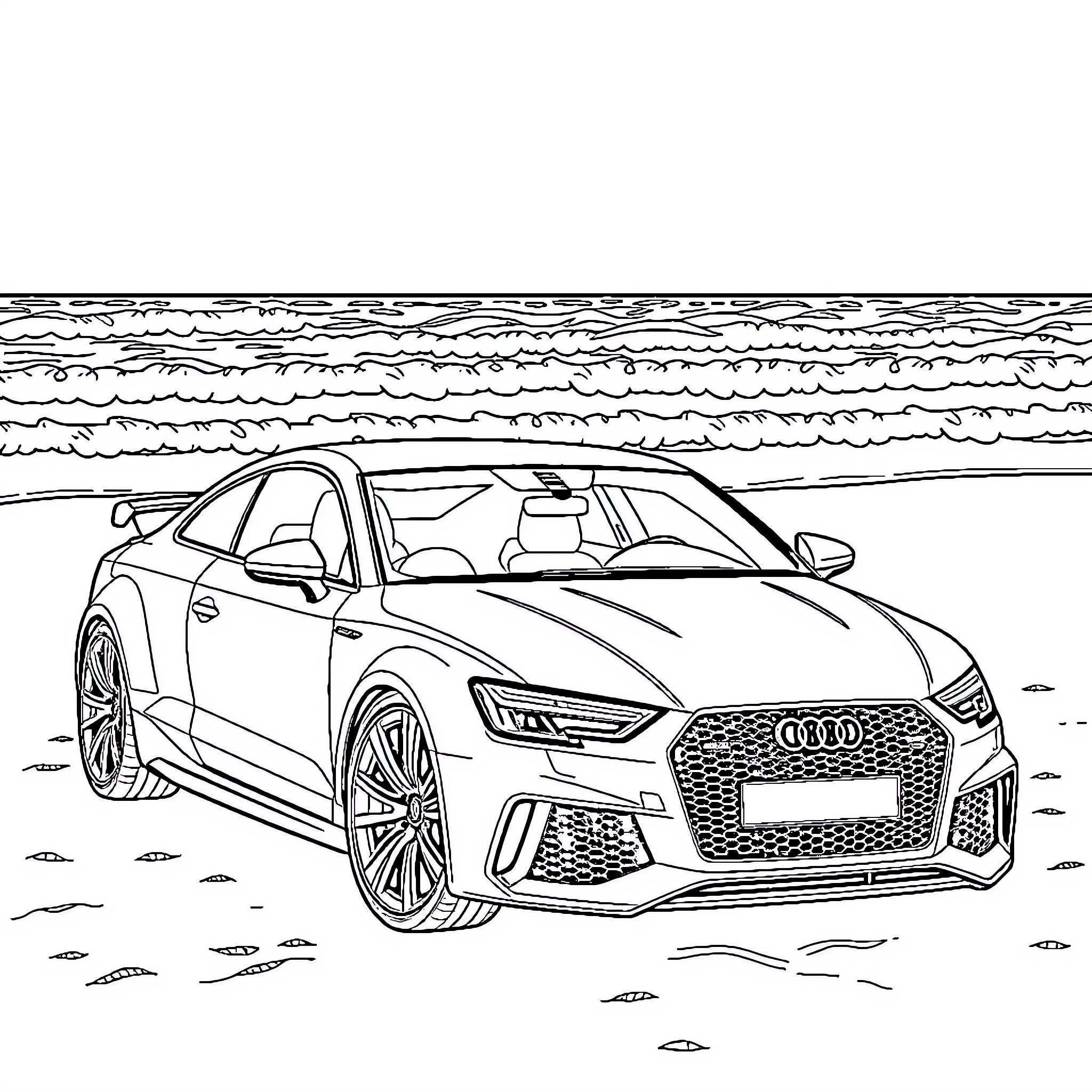 Audi sports car in dynamic outdoor scene Coloring Page (free black-and-white line drawing printable PDF for all, from beginners to advanced learners, including children, teens, adults, and seniors)