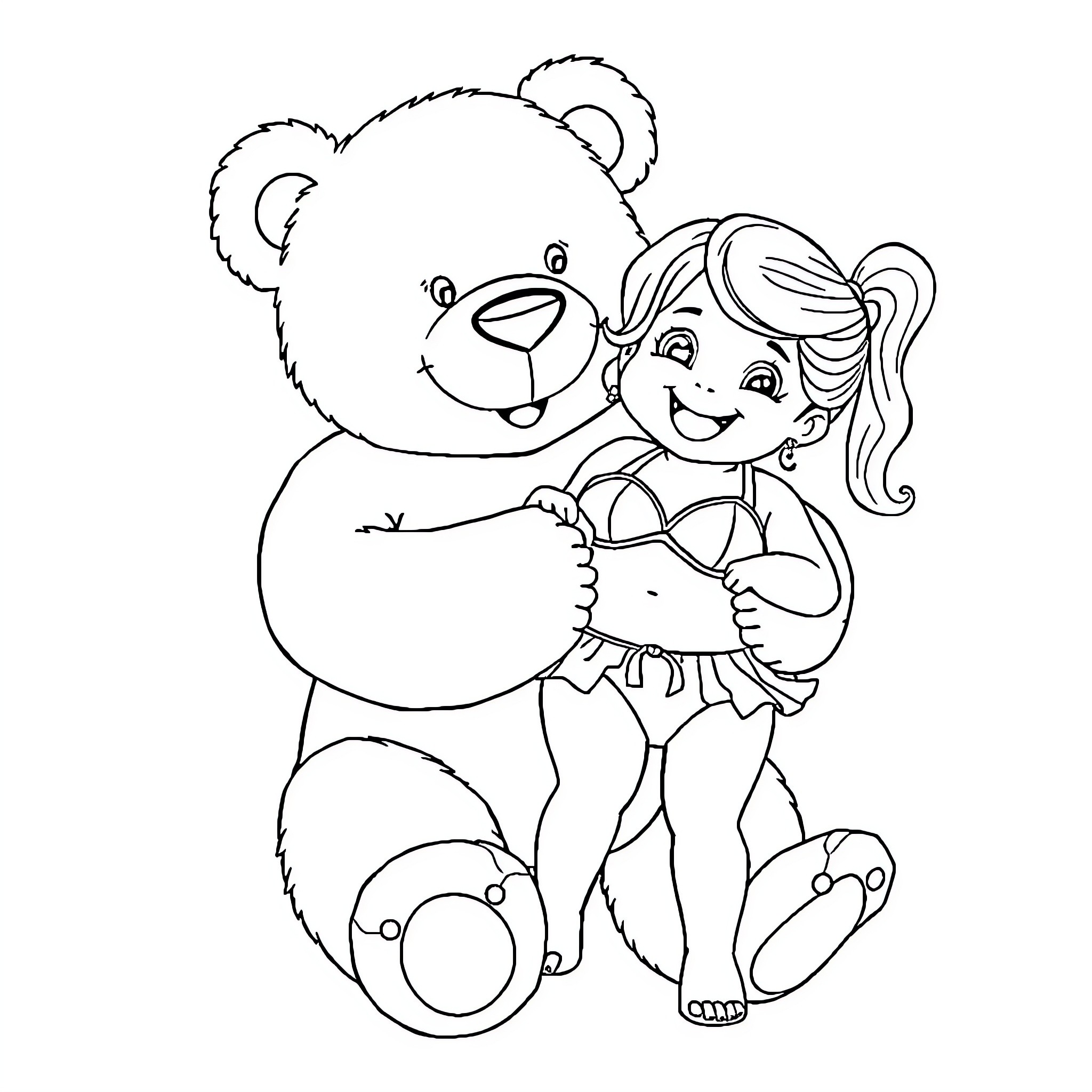 Teddy bear and girl hugging happily Coloring Page (free black-and-white line drawing printable PDF for all, from beginners to advanced learners, including children, teens, adults, and seniors)