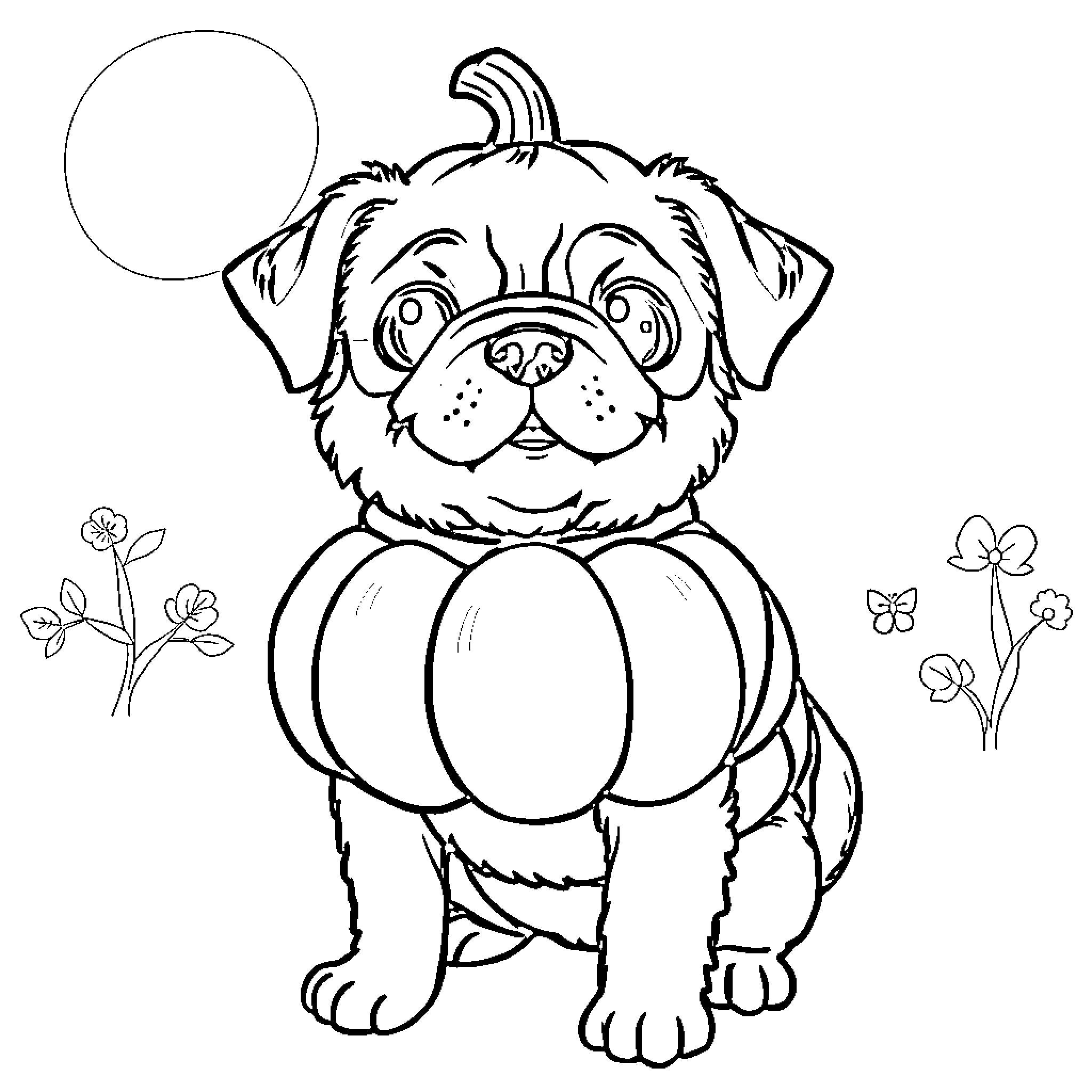 Dog sitting in pumpkin with butterflies Coloring Page (free black-and-white line drawing printable PDF for all, from beginners to advanced learners, including children, teens, adults, and seniors)