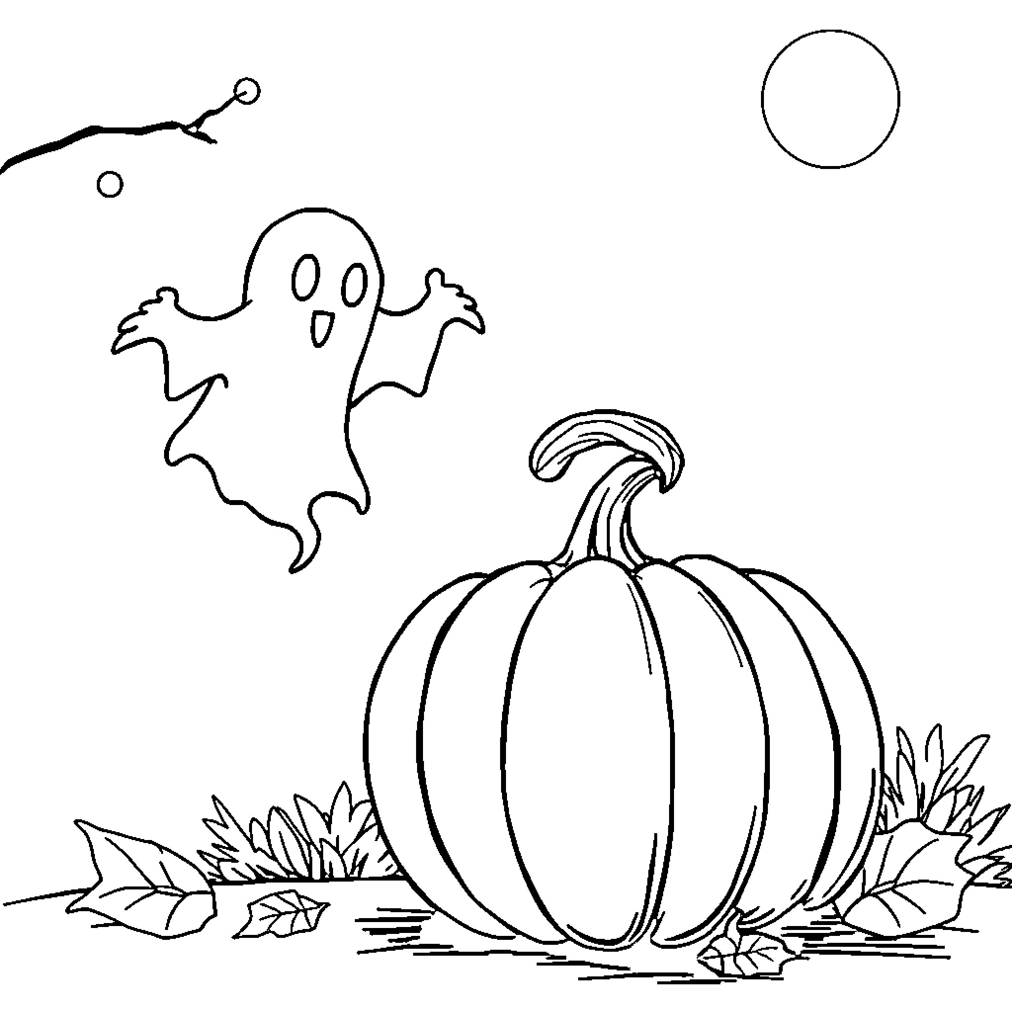 Ghost dancing around a spooky pumpkin Coloring Page (free black-and-white line drawing printable PDF for all, from beginners to advanced learners, including children, teens, adults, and seniors)