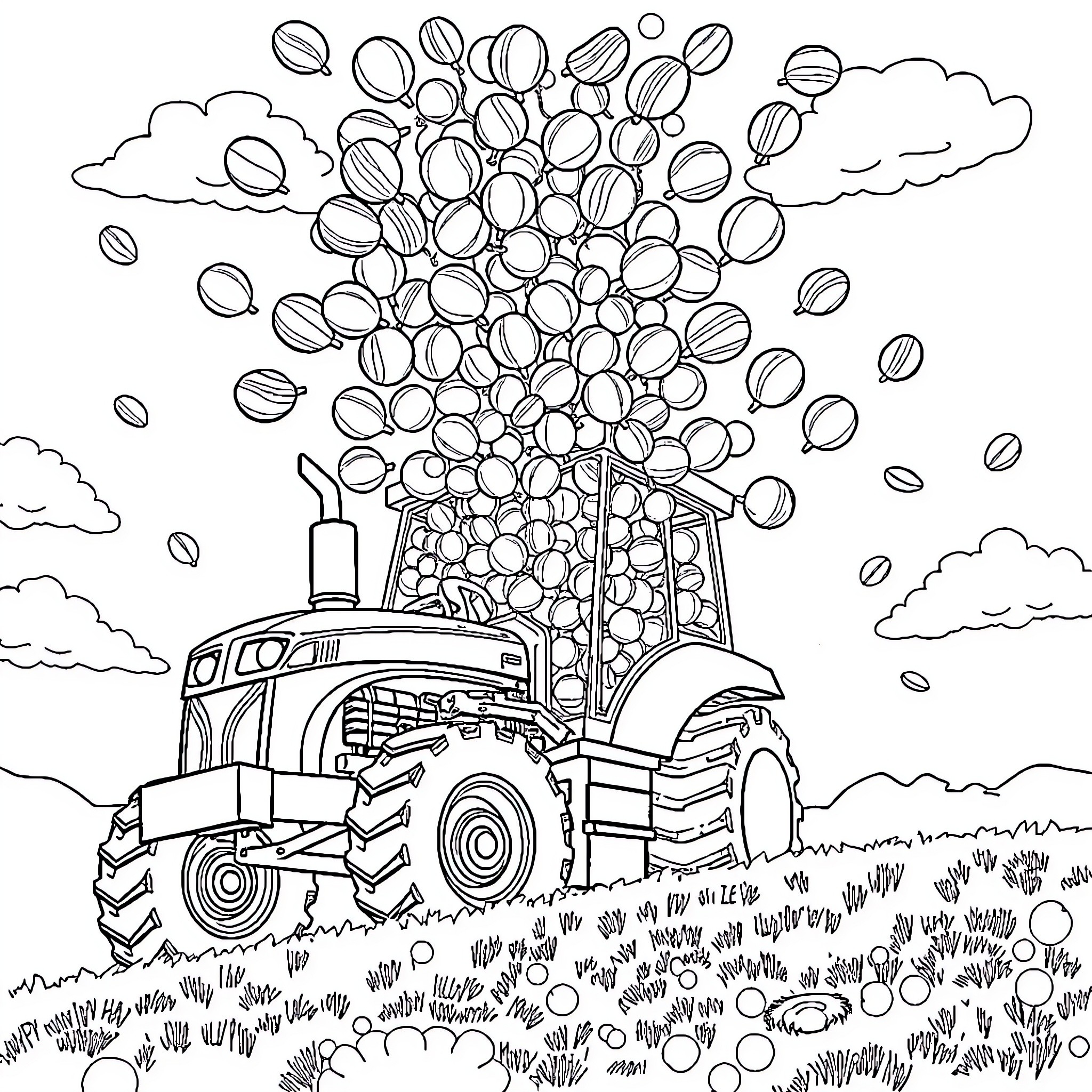 Tractor scattering seeds across the field Coloring Page (free black-and-white line drawing printable PDF for all, from beginners to advanced learners, including children, teens, adults, and seniors)