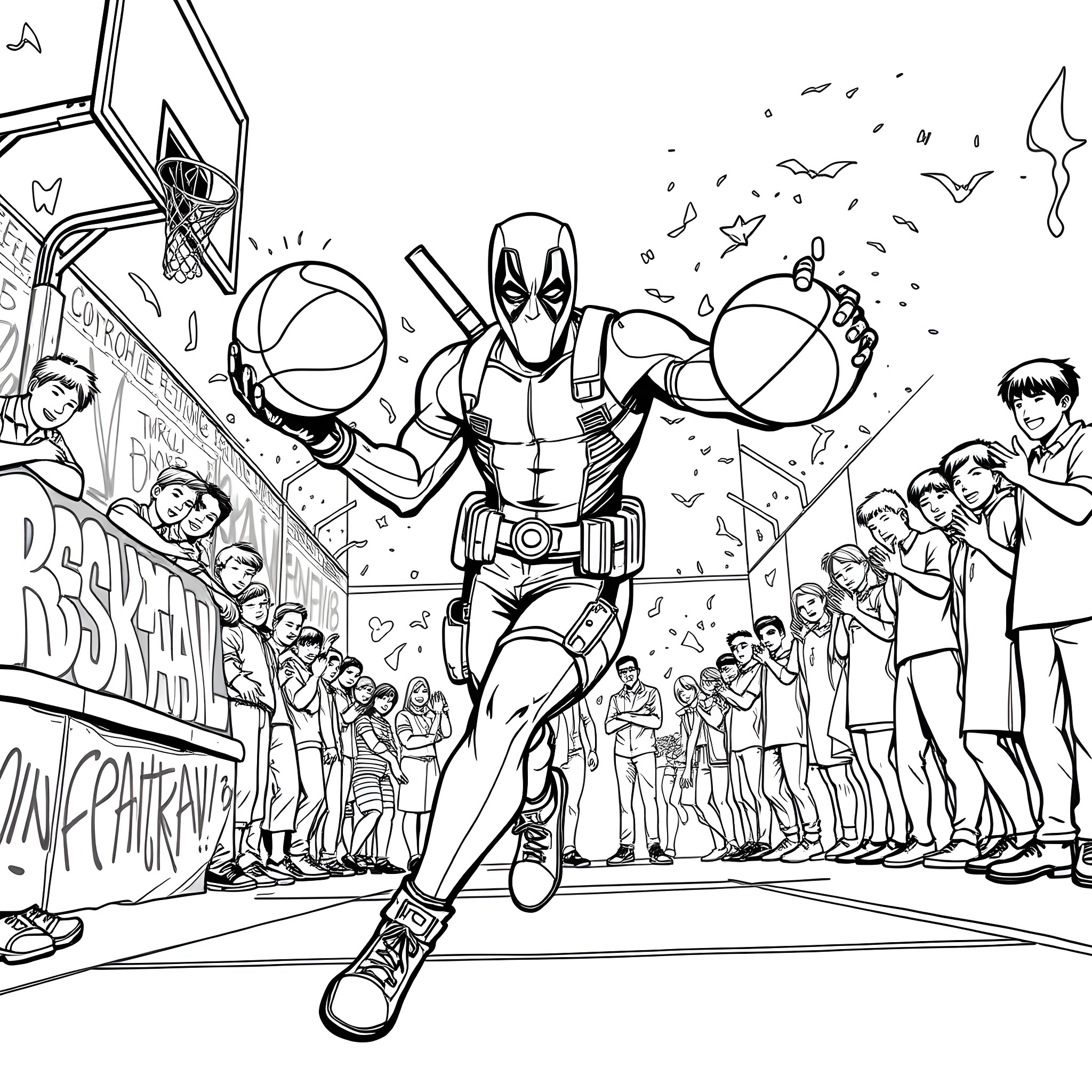 Deadpool's Outrageous Street Basketball Showdown Coloring Page (free black-and-white line drawing printable PDF for all, from beginners to advanced learners, including children, teens, adults, and seniors)