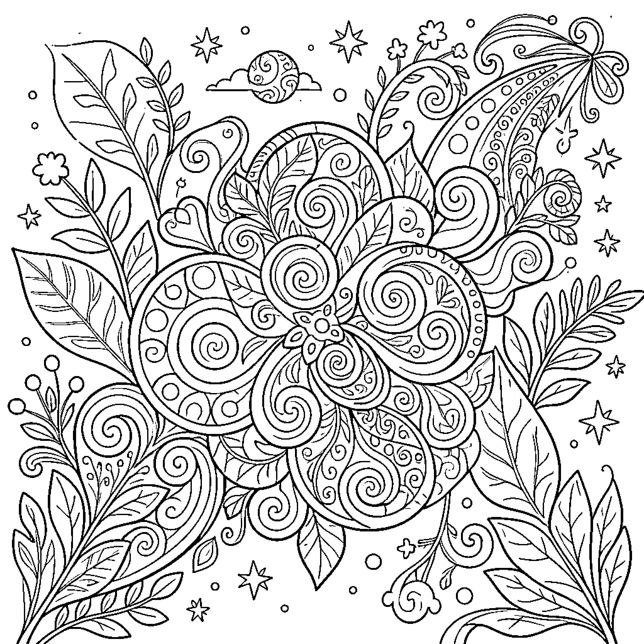 Image of Intricate Floral and Botanical Design Coloring Page (free black-and-white line drawing printable PDF for all, from beginners to advanced learners, including children, teens, adults, and seniors)