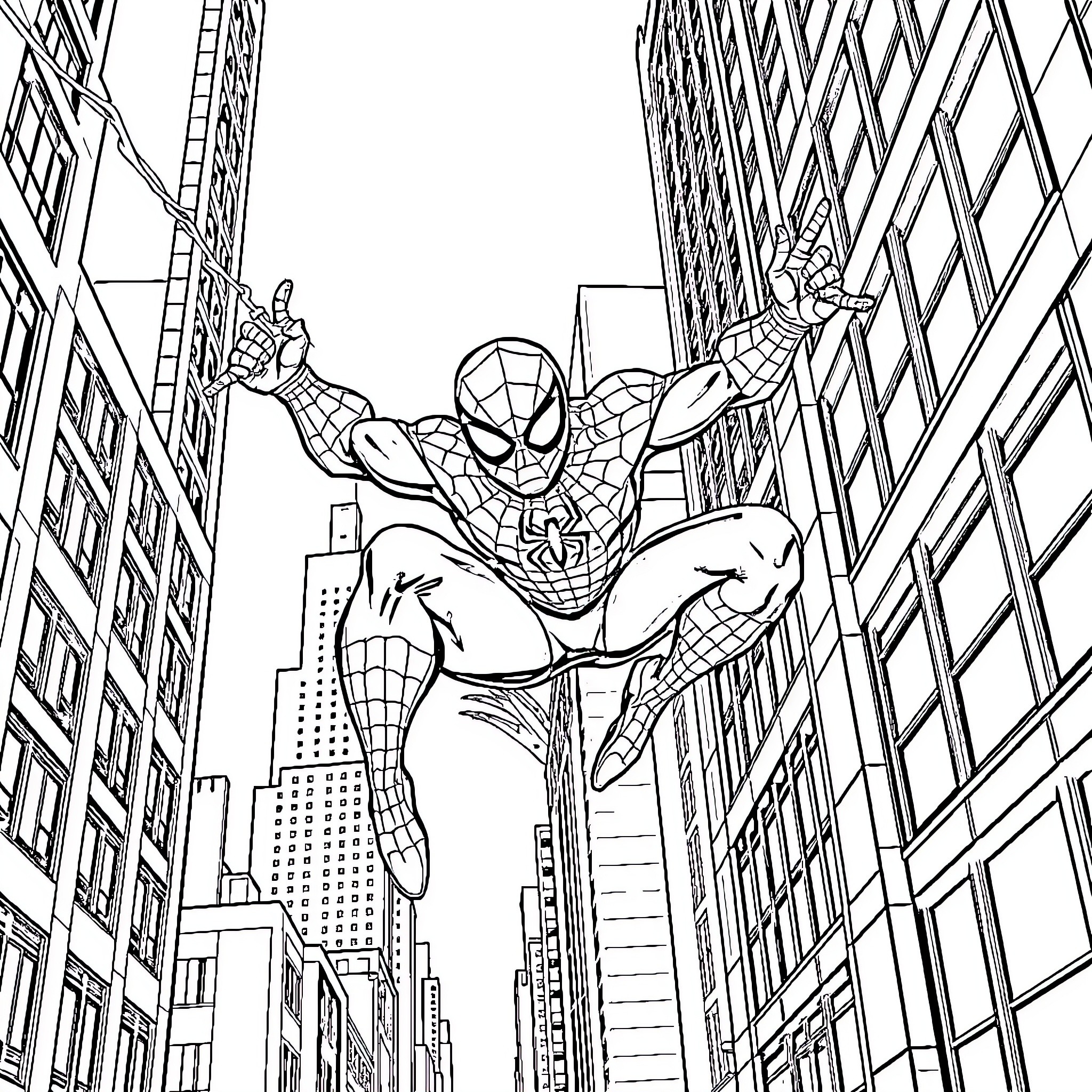 Spiderman swinging through the city skyline Coloring Page (free black-and-white line drawing printable PDF for all, from beginners to advanced learners, including children, teens, adults, and seniors)