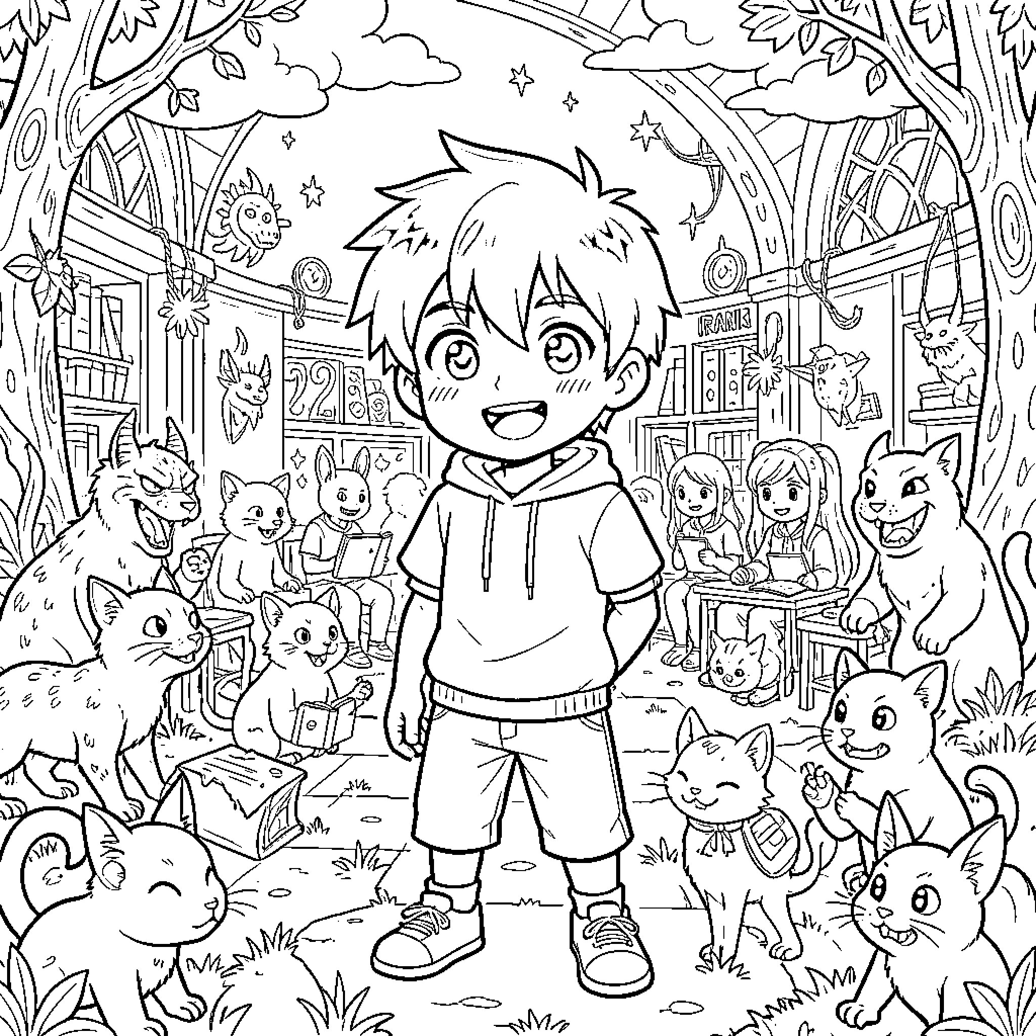 Iruma Kun's Cheerful Adventure with Animal Friends Coloring Page (free black-and-white line drawing printable PDF for all, from beginners to advanced learners, including children, teens, adults, and seniors)