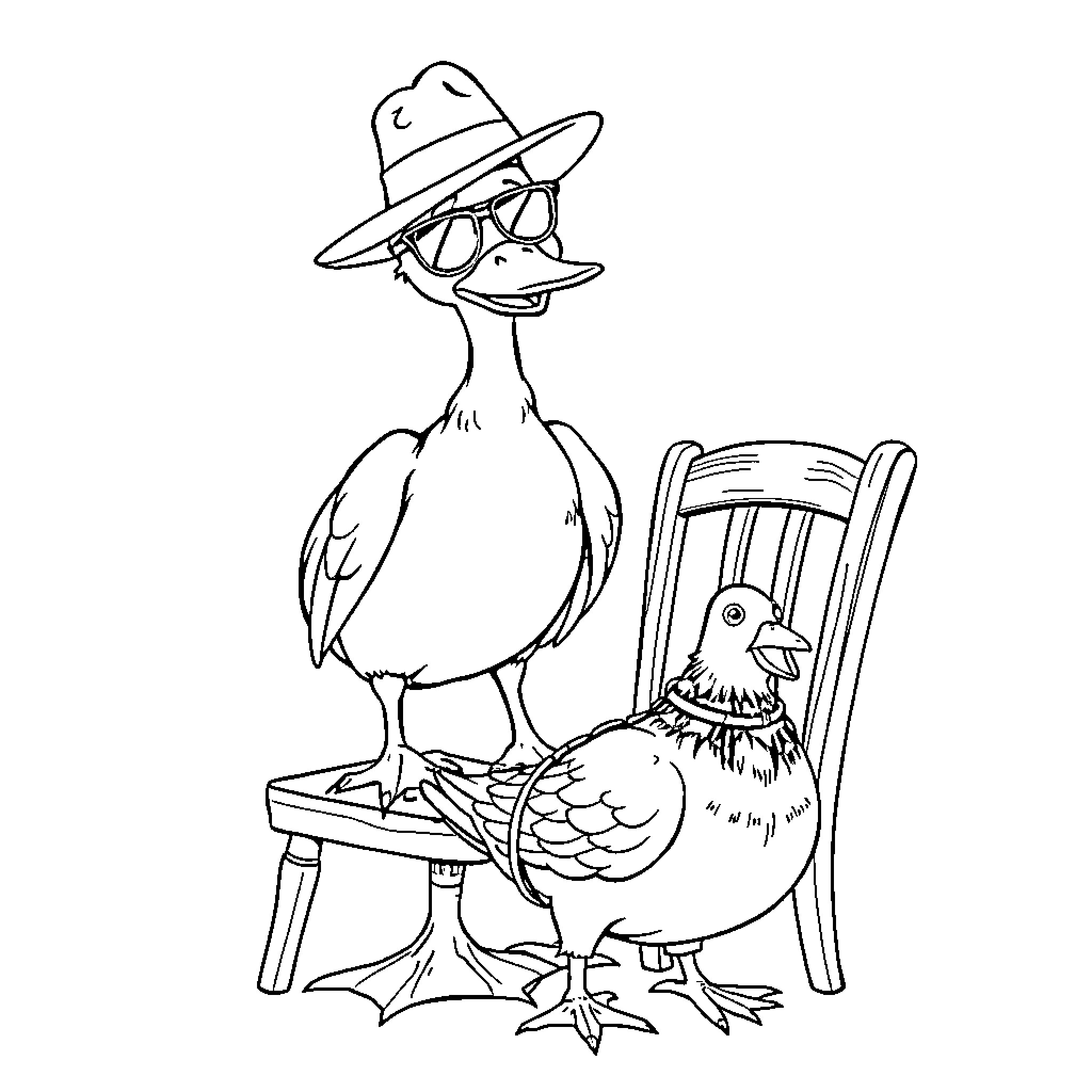 Duck in hat and glasses sitting on chair Coloring Page (free black-and-white line drawing printable PDF for all, from beginners to advanced learners, including children, teens, adults, and seniors)