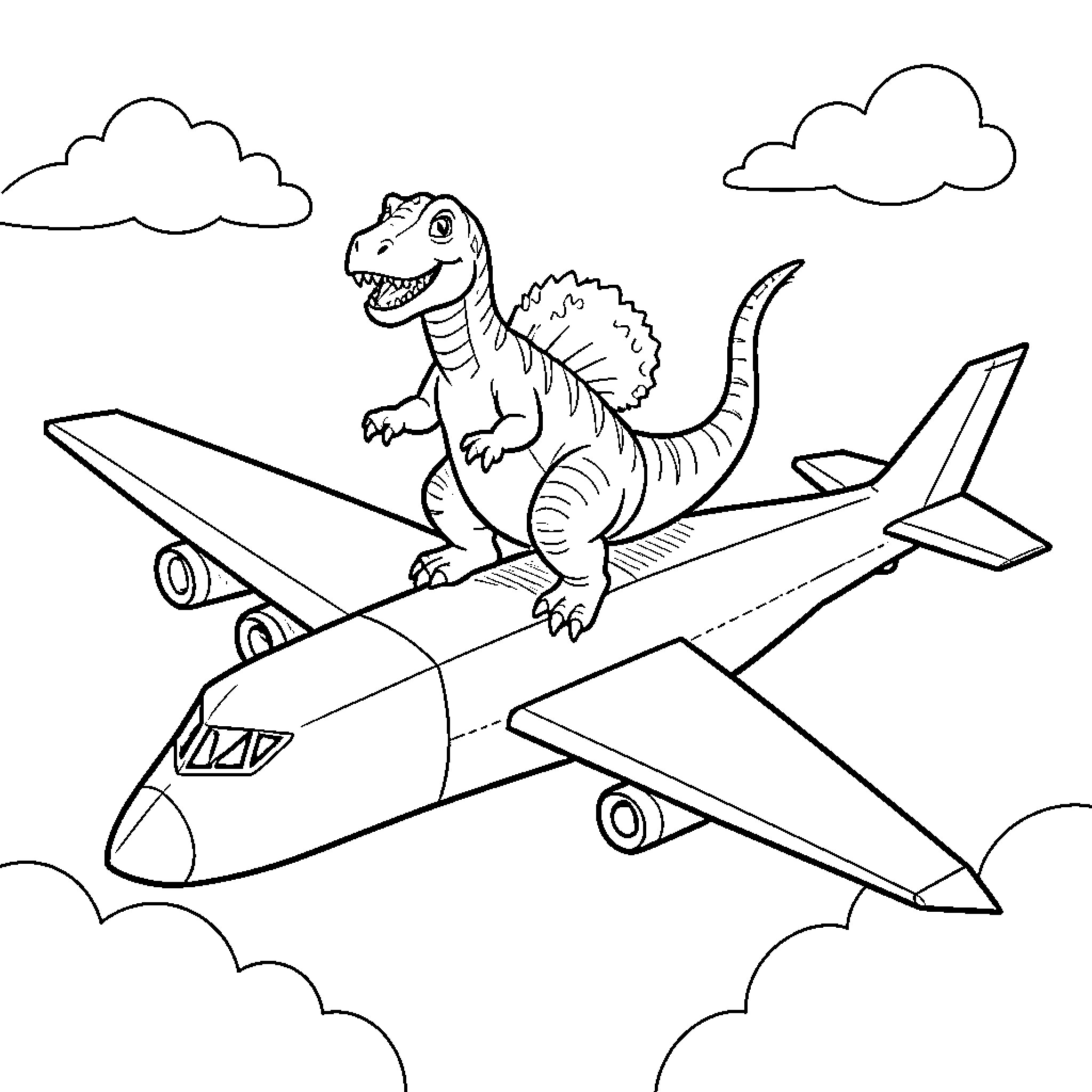 Dinosaur riding happily on top of a flying airplane Coloring Page (free black-and-white line drawing printable PDF for all, from beginners to advanced learners, including children, teens, adults, and seniors)