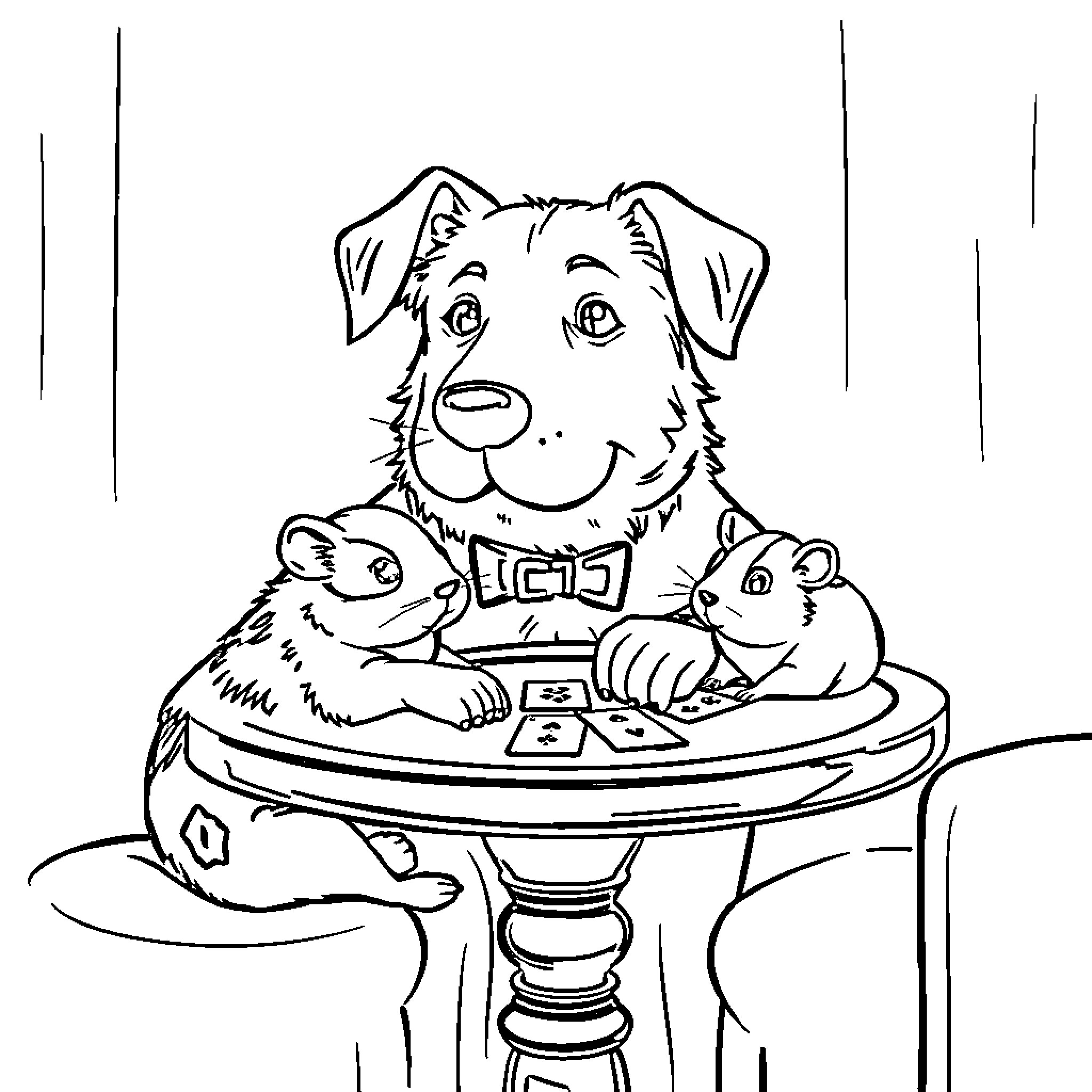 Dog playing with cute hamsters on a table Coloring Page (free black-and-white line drawing printable PDF for all, from beginners to advanced learners, including children, teens, adults, and seniors)