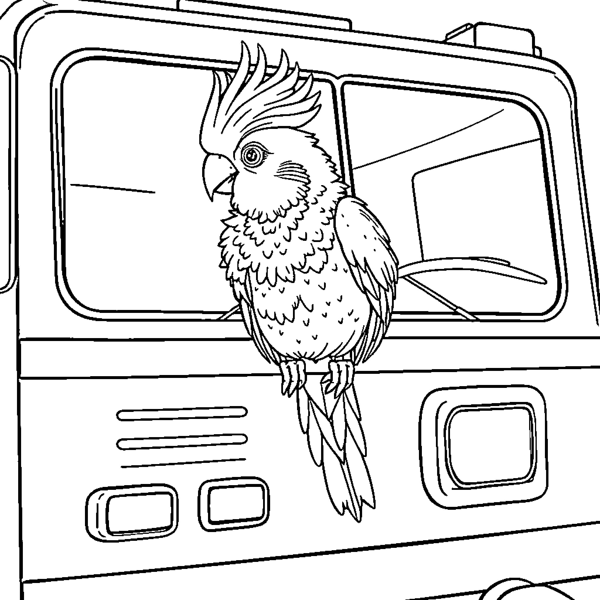 Cockatiel perched on a vehicle Coloring Page (free black-and-white line drawing printable PDF for all, from beginners to advanced learners, including children, teens, adults, and seniors)