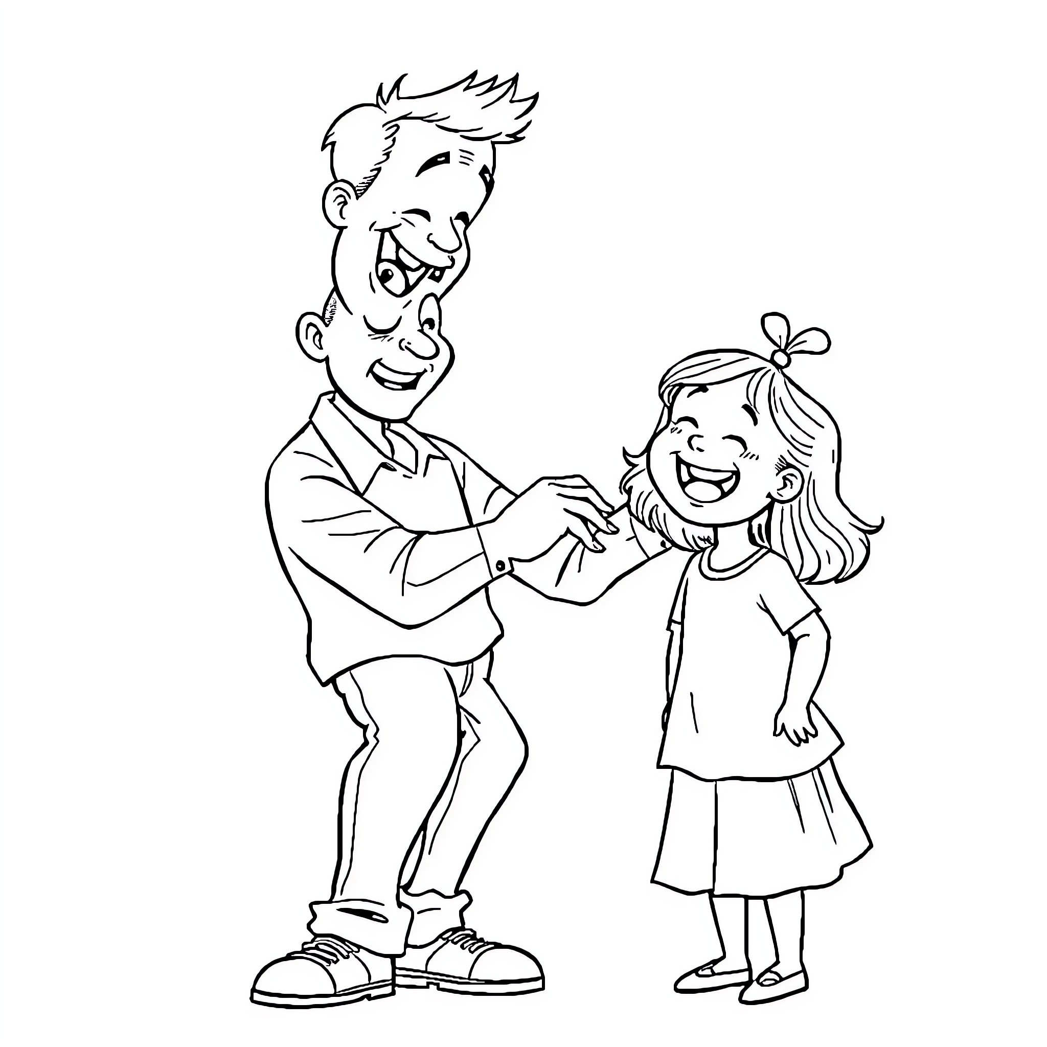 Father Playfully Interacting with Daughter Coloring Page (free black-and-white line drawing printable PDF for all, from beginners to advanced learners, including children, teens, adults, and seniors)