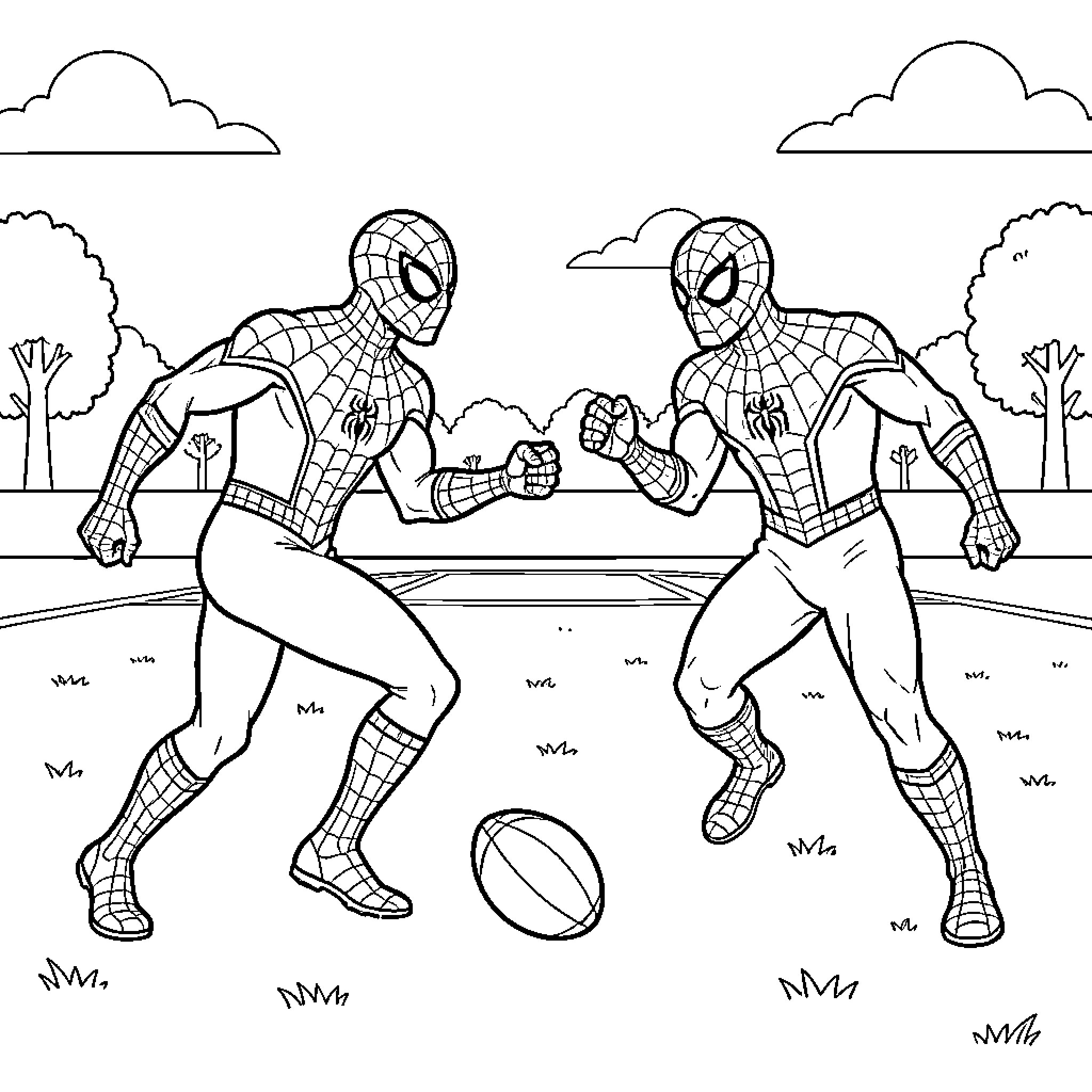 Spiderman playing a game of rugby in a park Coloring Page (free black-and-white line drawing printable PDF for all, from beginners to advanced learners, including children, teens, adults, and seniors)