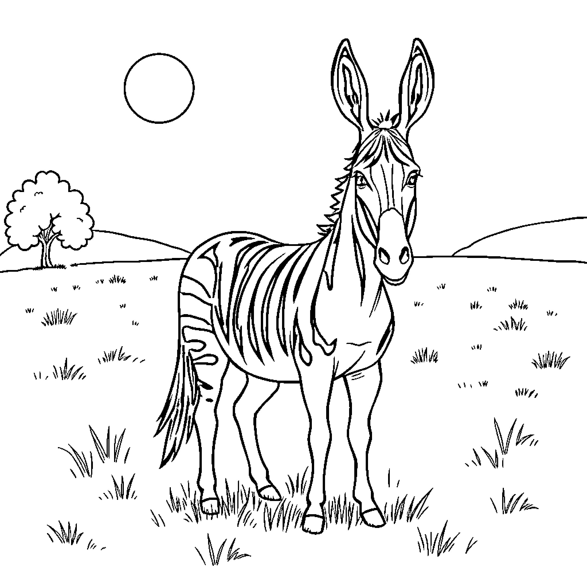 Burro standing proudly in a pastoral scene Coloring Page (free black-and-white line drawing printable PDF for all, from beginners to advanced learners, including children, teens, adults, and seniors)