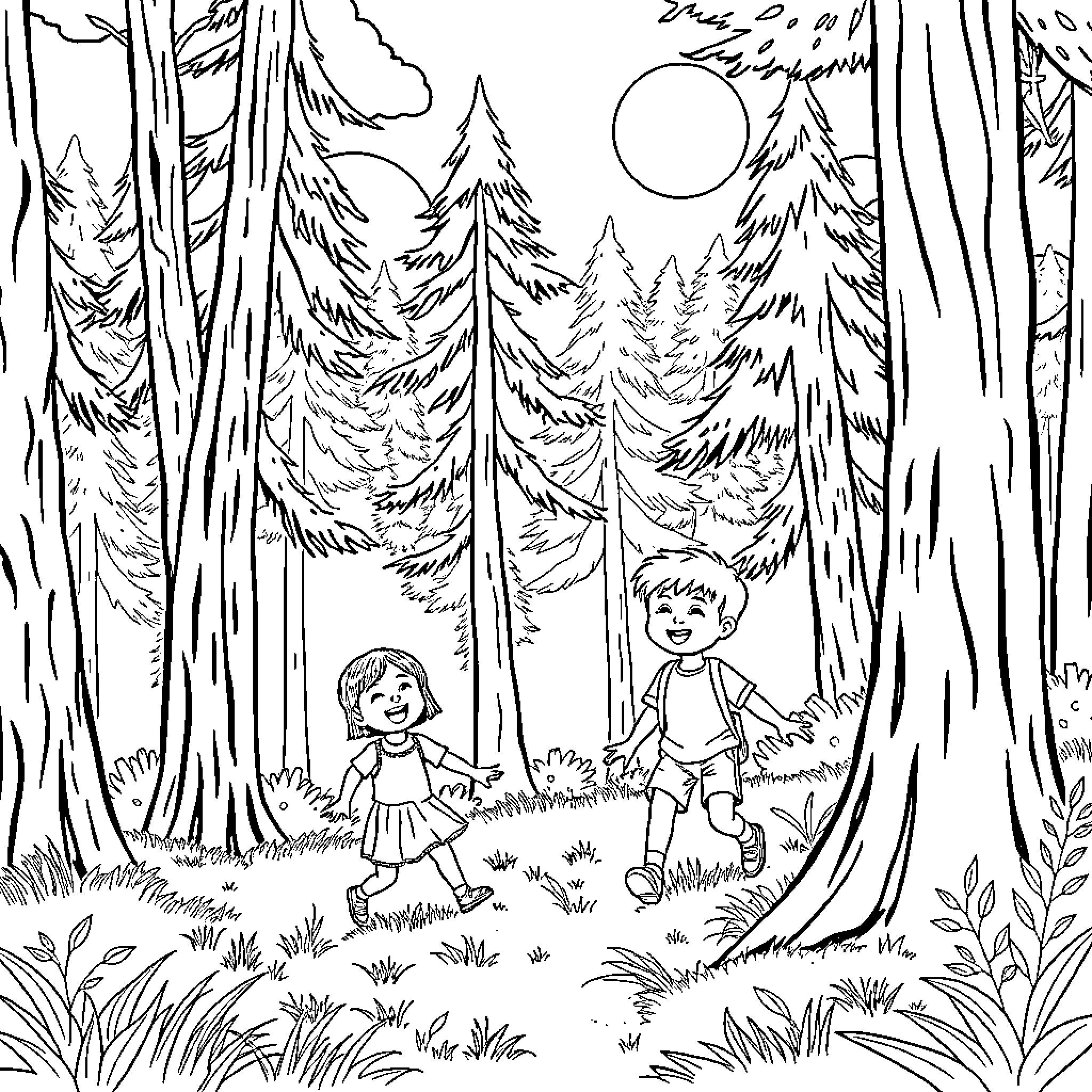 Child playing in the forest at night Coloring Page (free black-and-white line drawing printable PDF for all, from beginners to advanced learners, including children, teens, adults, and seniors)