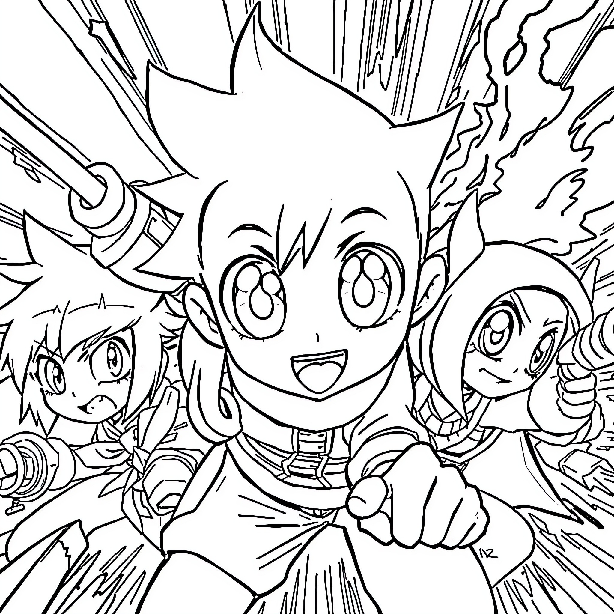 Anime Characters Engaged in Action and Expression Coloring Page (free black-and-white line drawing printable PDF for all, from beginners to advanced learners, including children, teens, adults, and seniors)