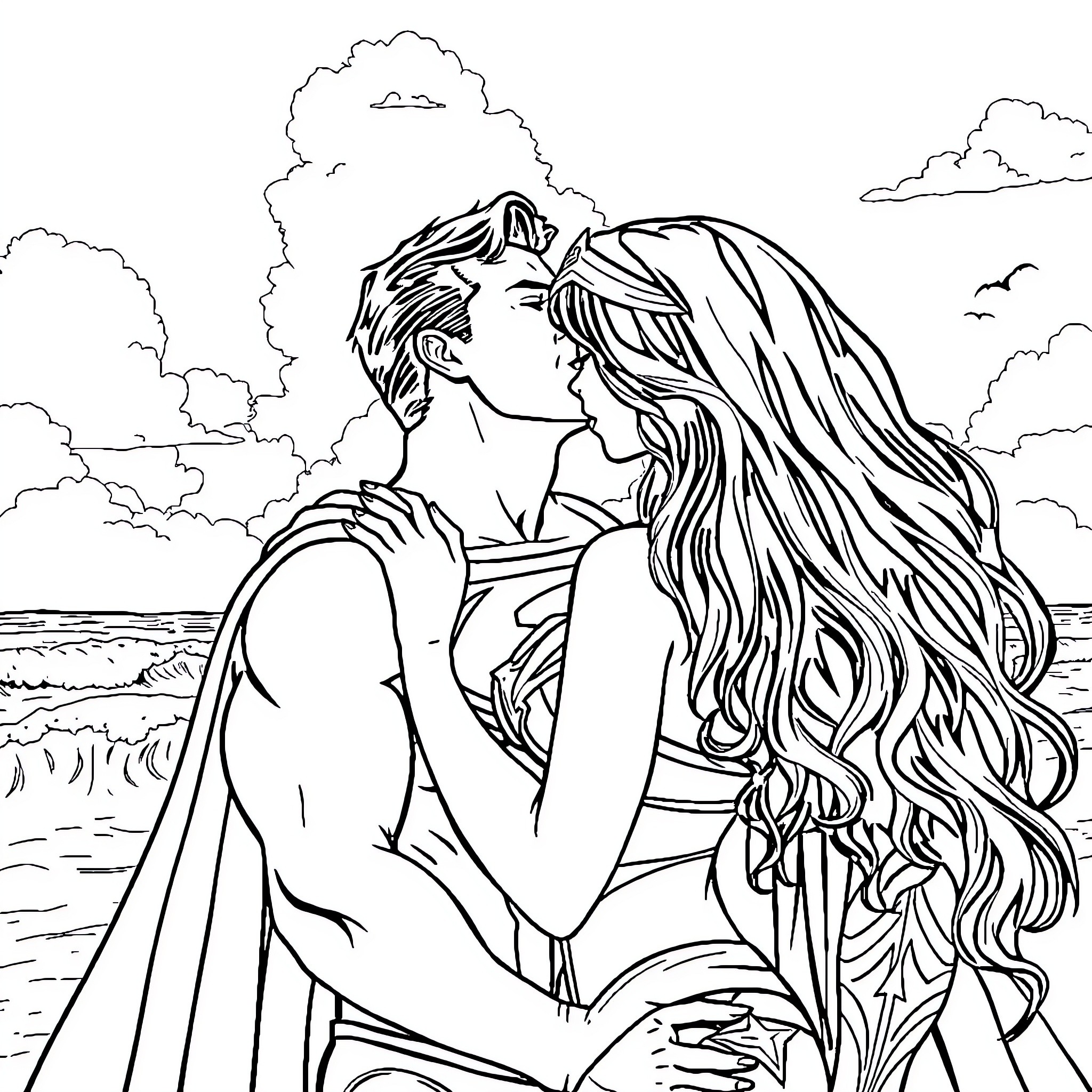 Superman's romantic embrace with a beautiful woman on the beach Coloring Page (free black-and-white line drawing printable PDF for all, from beginners to advanced learners, including children, teens, adults, and seniors)