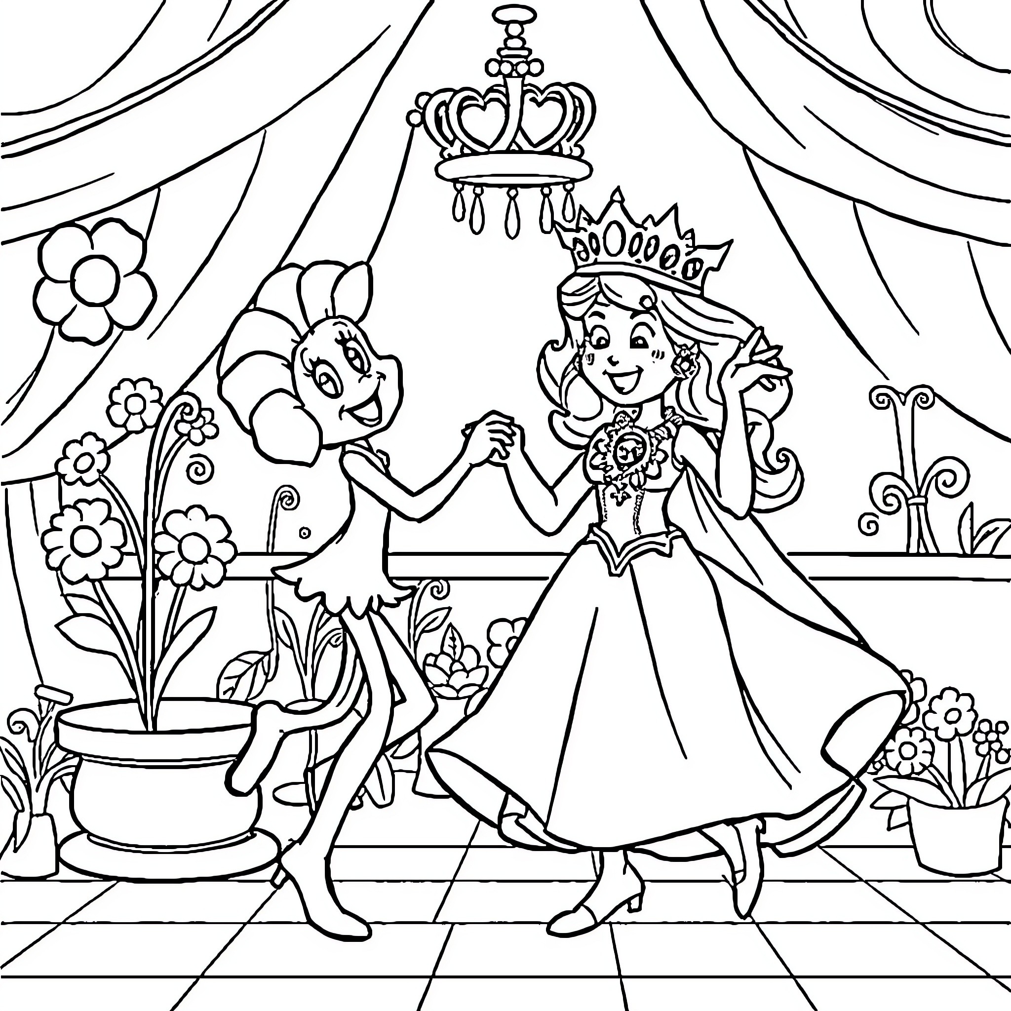 Poppy princess and cartoon character dancing together Coloring Page (free black-and-white line drawing printable PDF for all, from beginners to advanced learners, including children, teens, adults, and seniors)