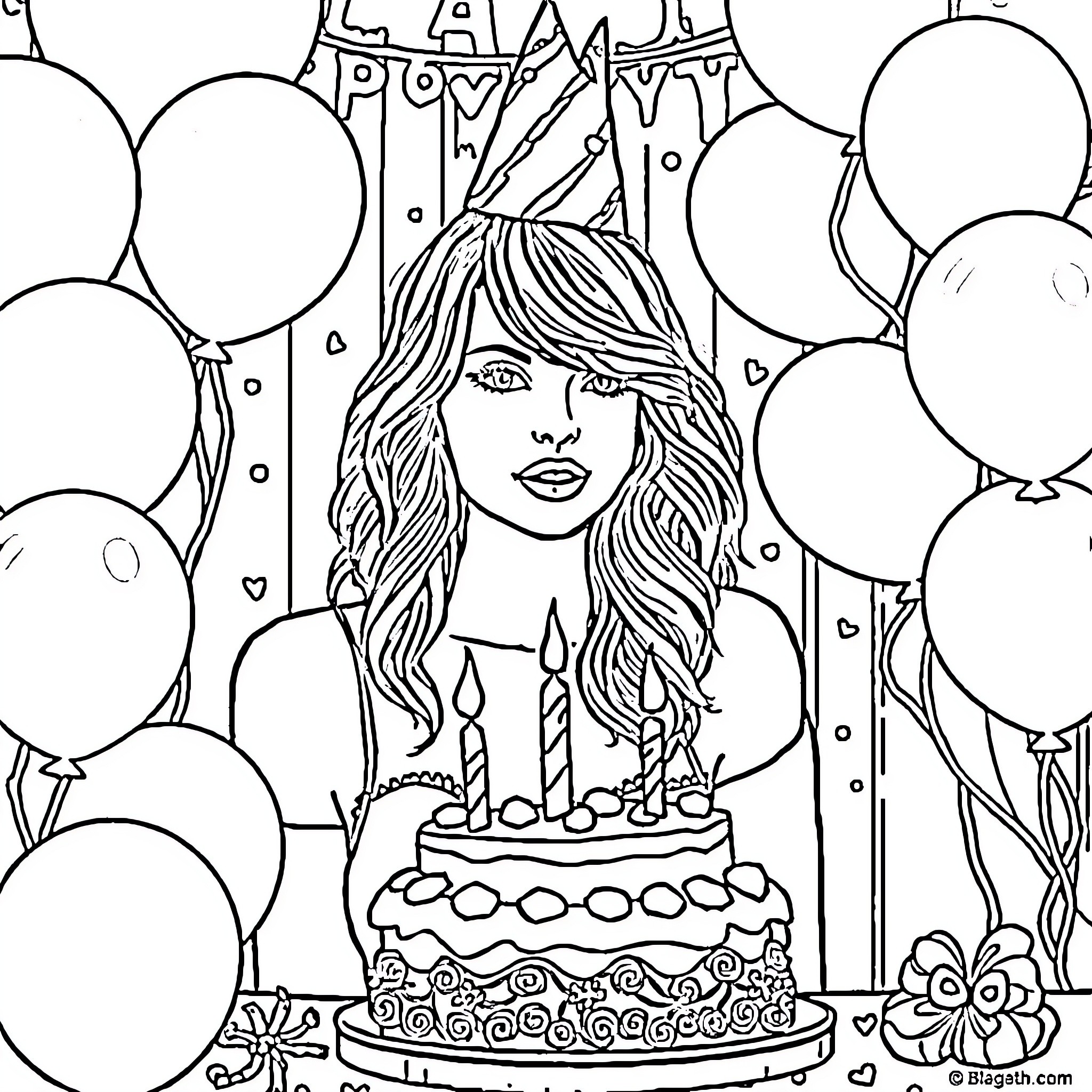 Taylor Swift celebrates with birthday cake and balloons Coloring Page (free black-and-white line drawing printable PDF for all, from beginners to advanced learners, including children, teens, adults, and seniors)