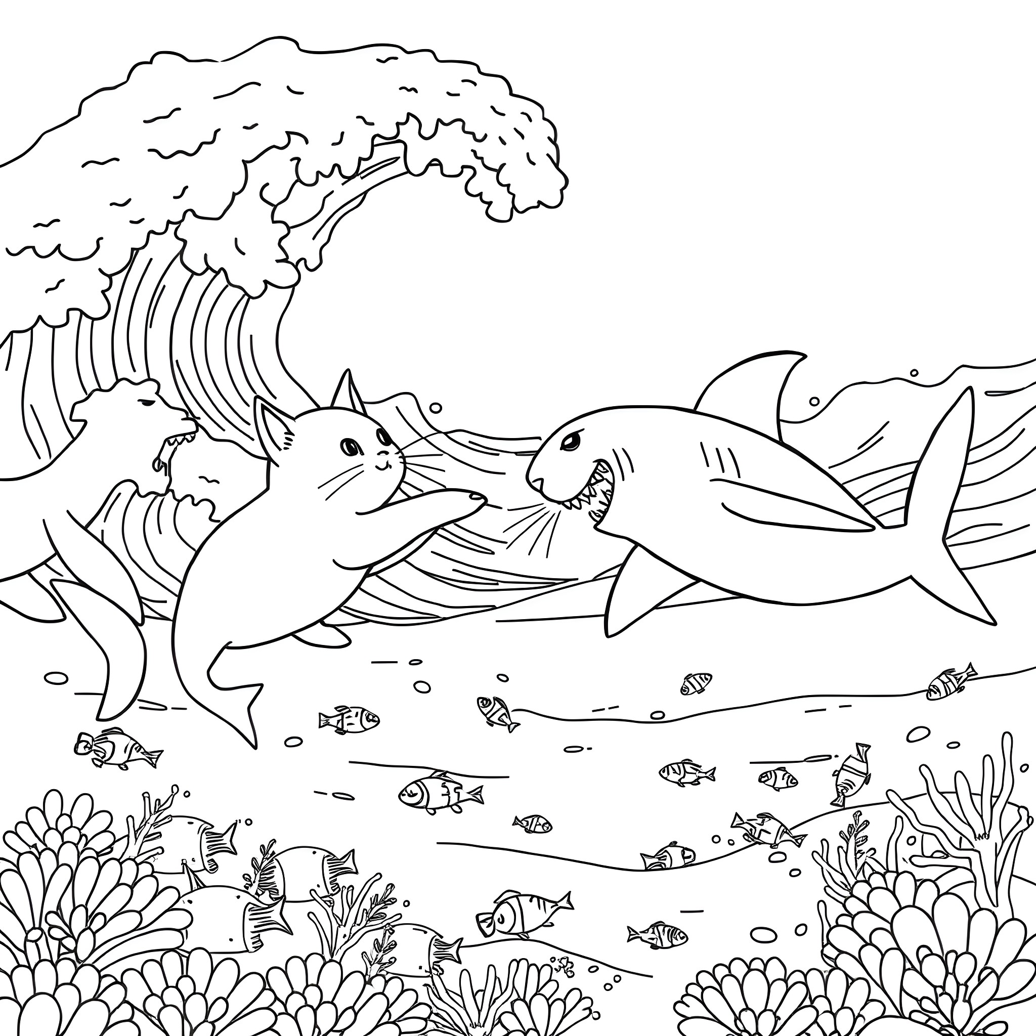 Cat exploring underwater marine life with a shark Coloring Page (free black-and-white line drawing printable PDF for all, from beginners to advanced learners, including children, teens, adults, and seniors)