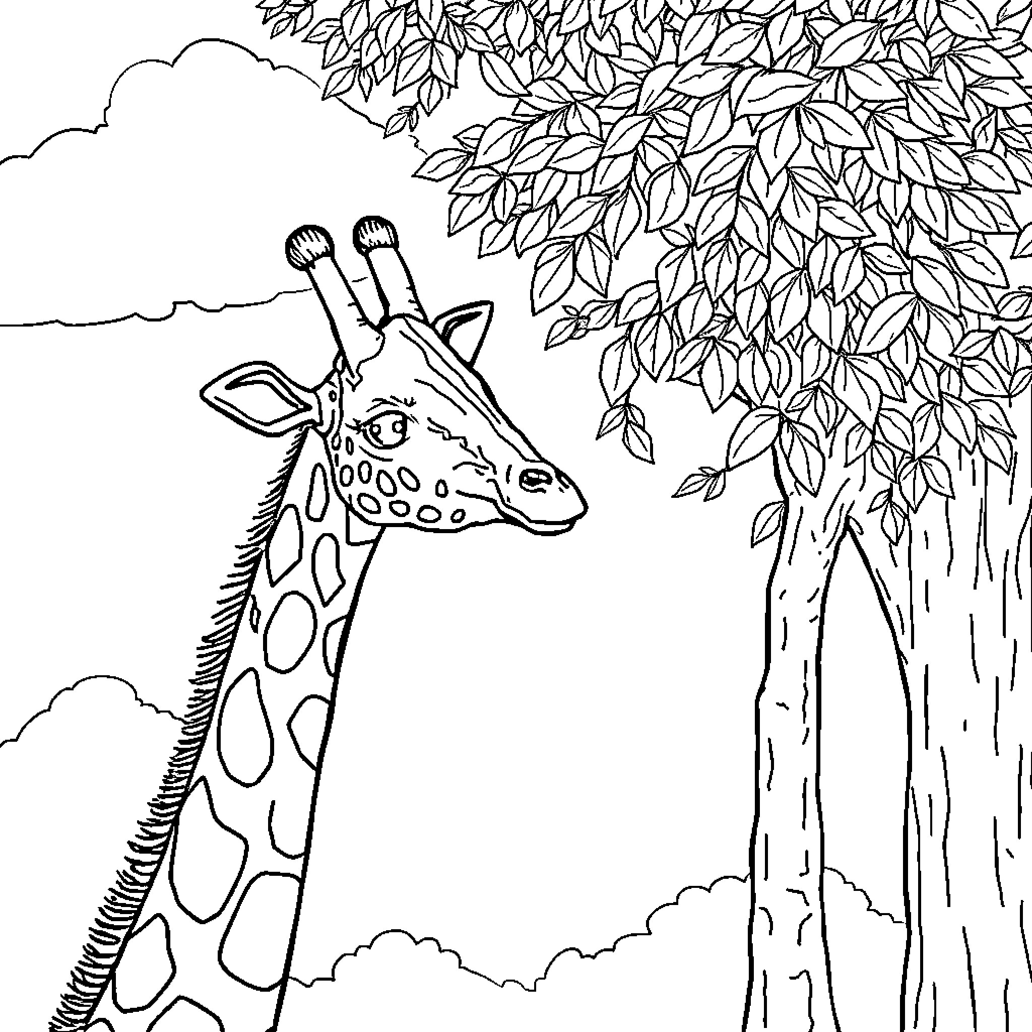 Giraffe observing the nature around it Coloring Page (free black-and-white line drawing printable PDF for all, from beginners to advanced learners, including children, teens, adults, and seniors)